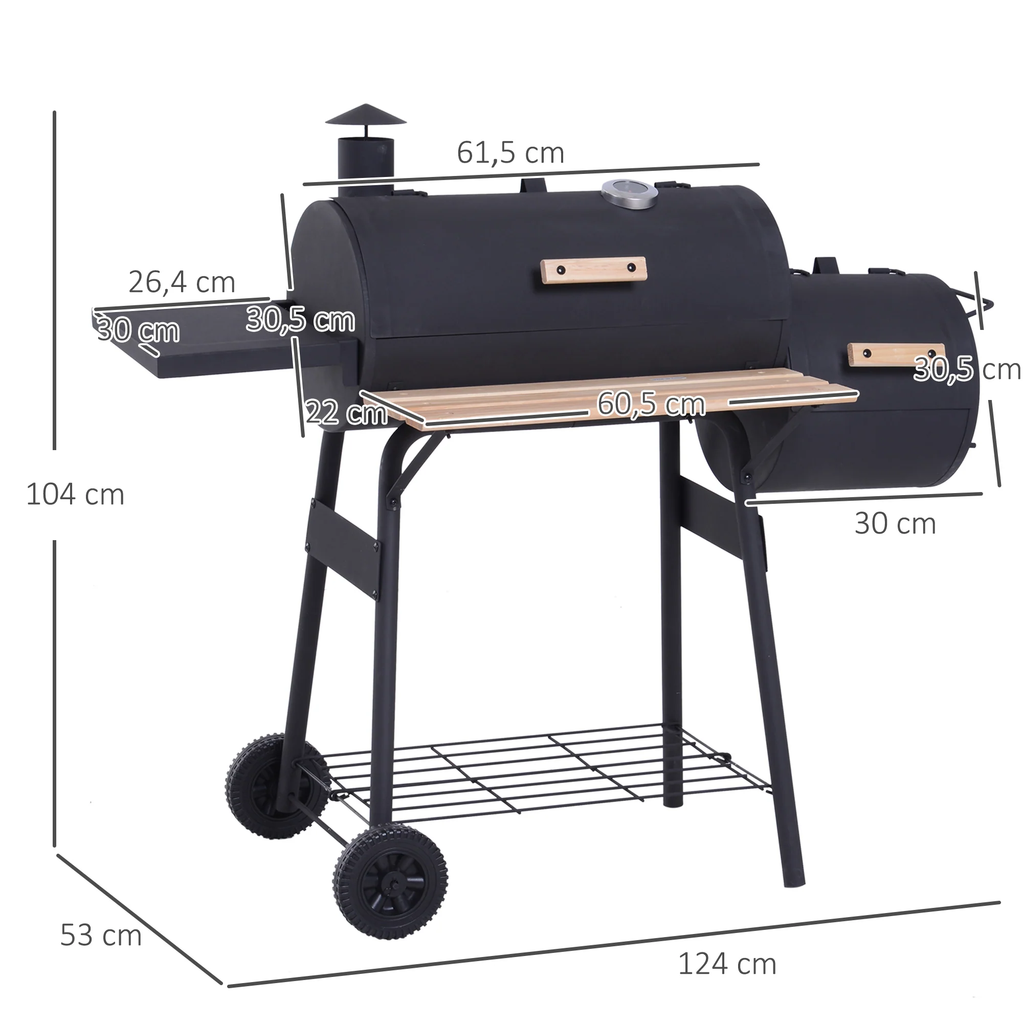 Outsunny Barbacoa De Carbón Con Termómetro Ruedas Estantes Madera 124x53x108cm - Image 3