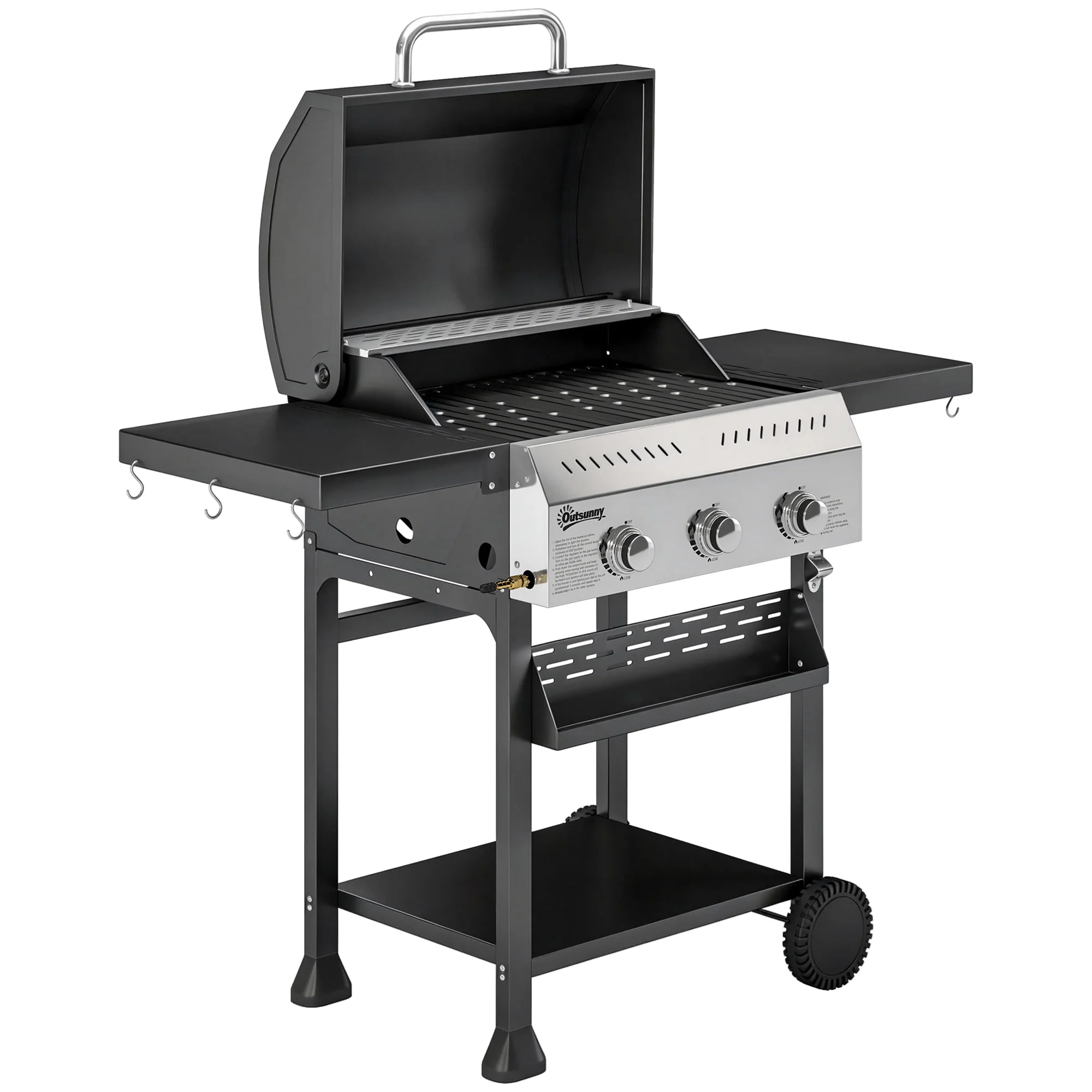 Outsunny Barbacoa De Gas Con 3 Quemadores 9 Kw Termómetro Mesas Laterales Negro