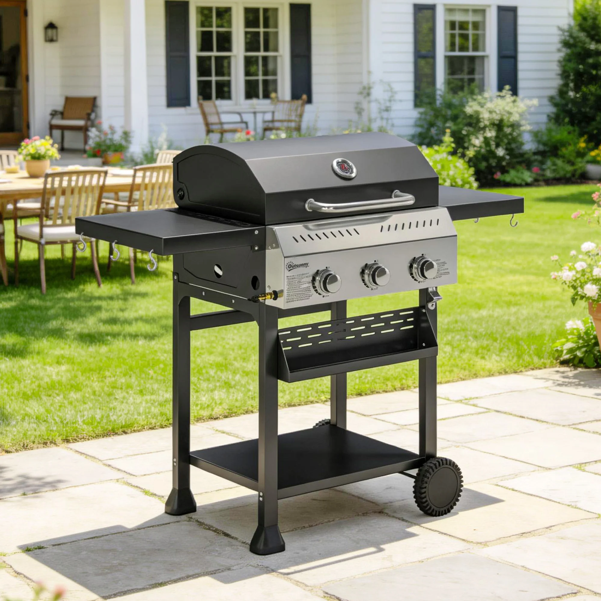 Outsunny Barbacoa De Gas Con 3 Quemadores 9 Kw Termómetro Mesas Laterales Negro - Image 2