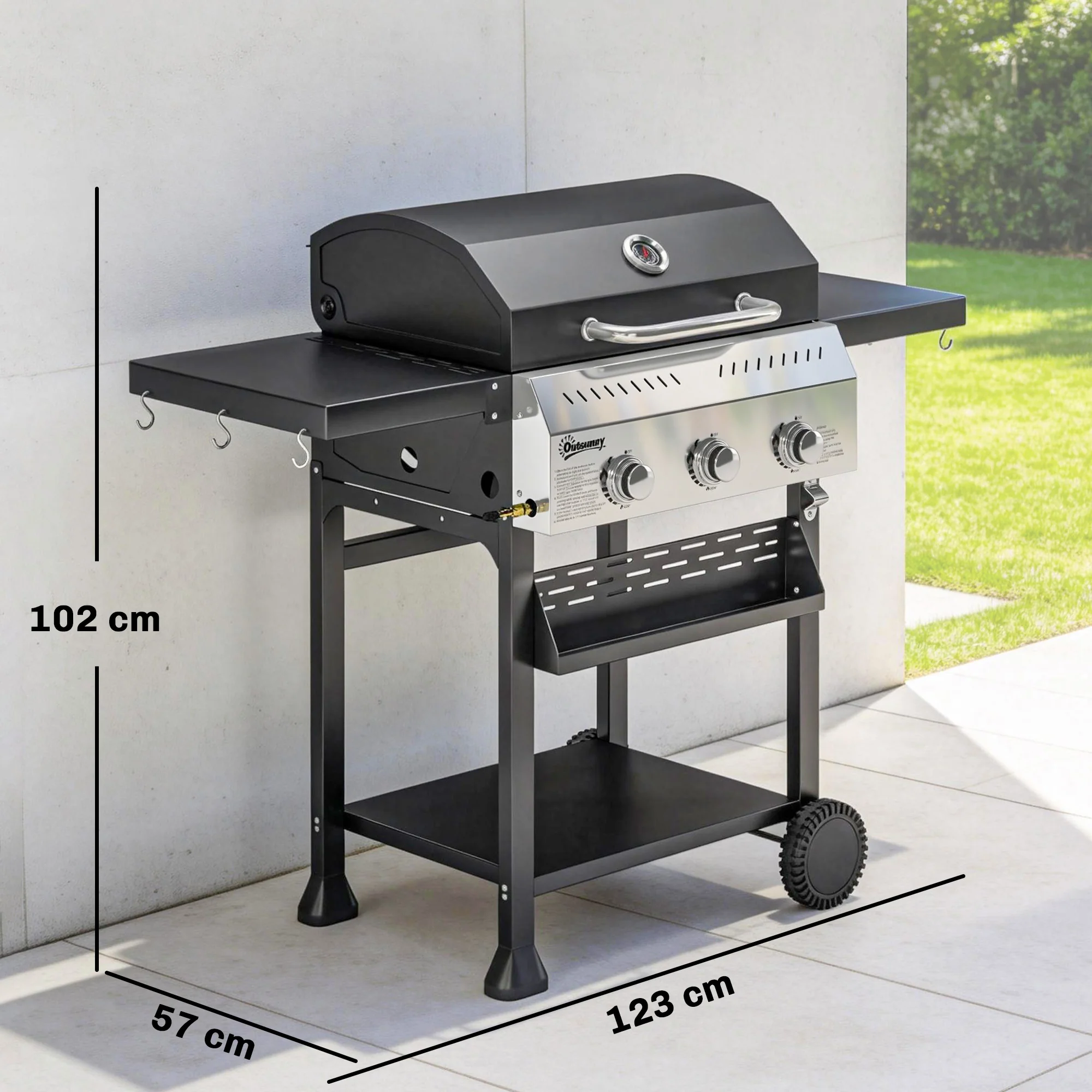 Outsunny Barbacoa De Gas Con 3 Quemadores 9 Kw Termómetro Mesas Laterales Negro - Image 3