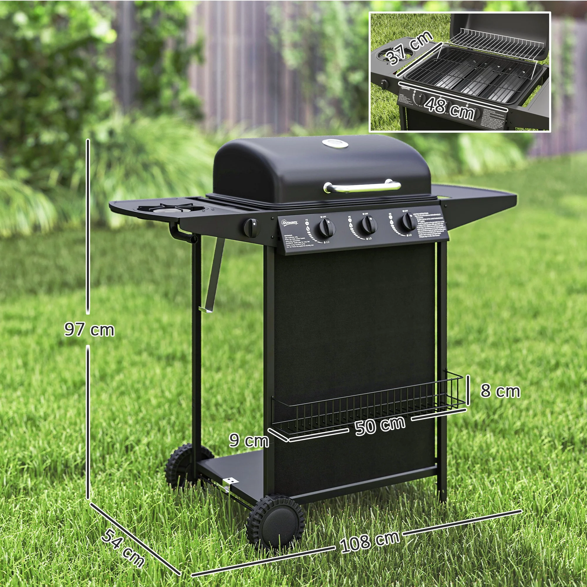 Outsunny Barbacoa De Gas Con 3+1 Quemadores 9,5 Kw Termómetro Mesa Lateral Negro - Image 3