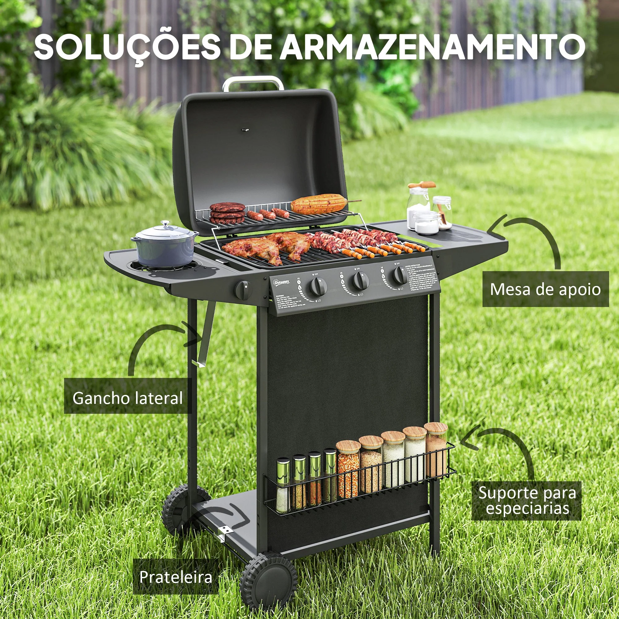 Outsunny Barbacoa De Gas Con 3+1 Quemadores 9,5 Kw Termómetro Mesa Lateral Negro - Image 6