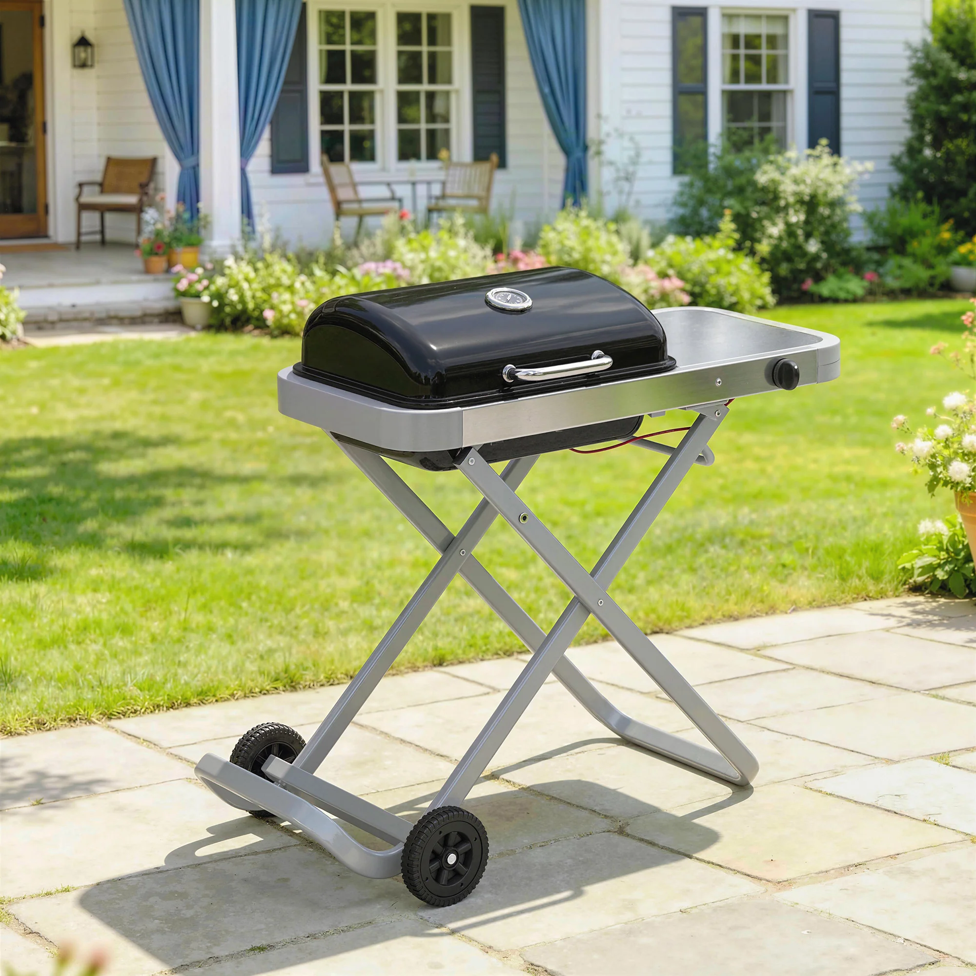 Outsunny Barbacoa De Gas Plegable Con Quemador 2,5 Kw Con Ruedas Mesa Lateral - Image 2