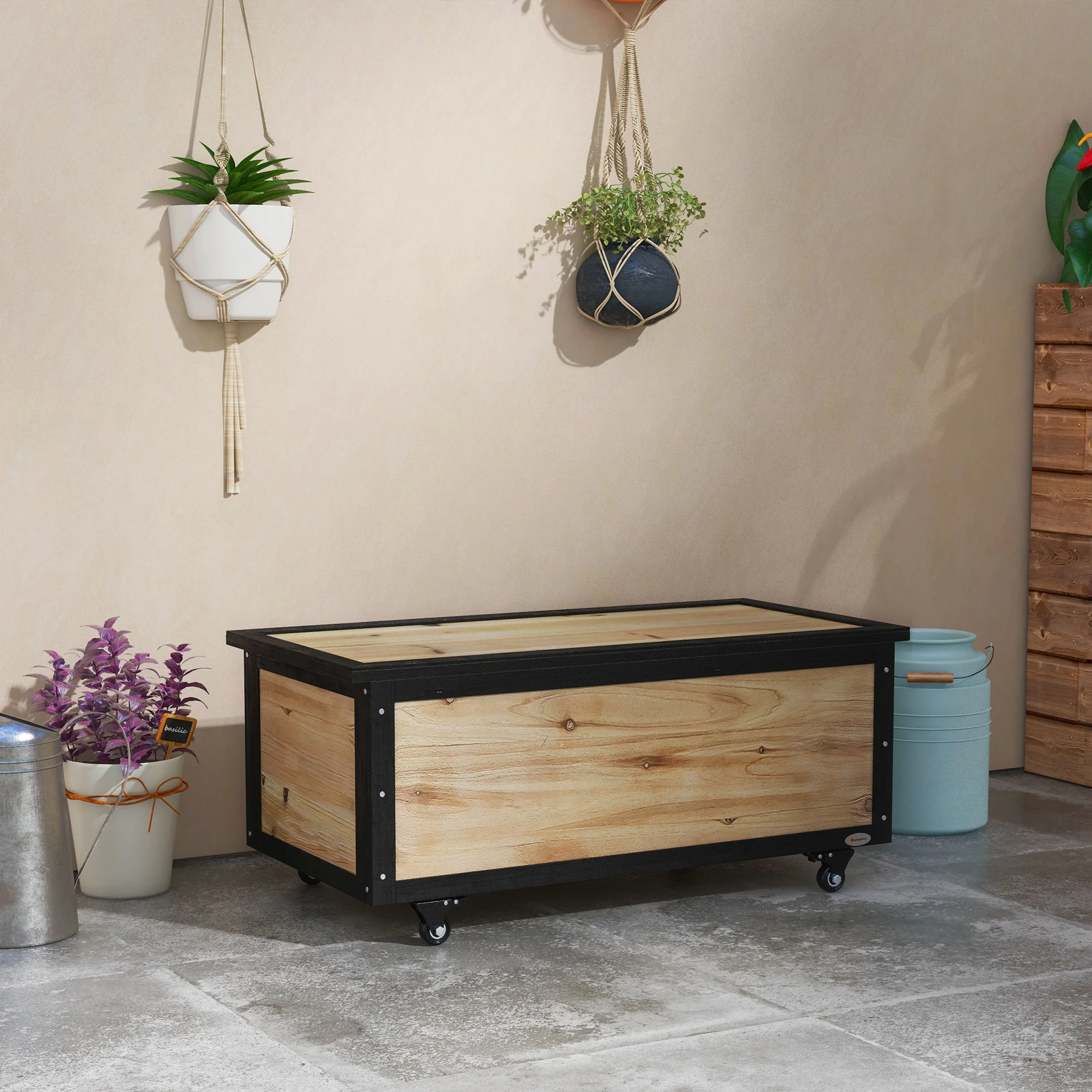 Outsunny Baúl De Exterior Con 4 Ruedas 100x50x43 Cm Natural Y Negro - Image 2