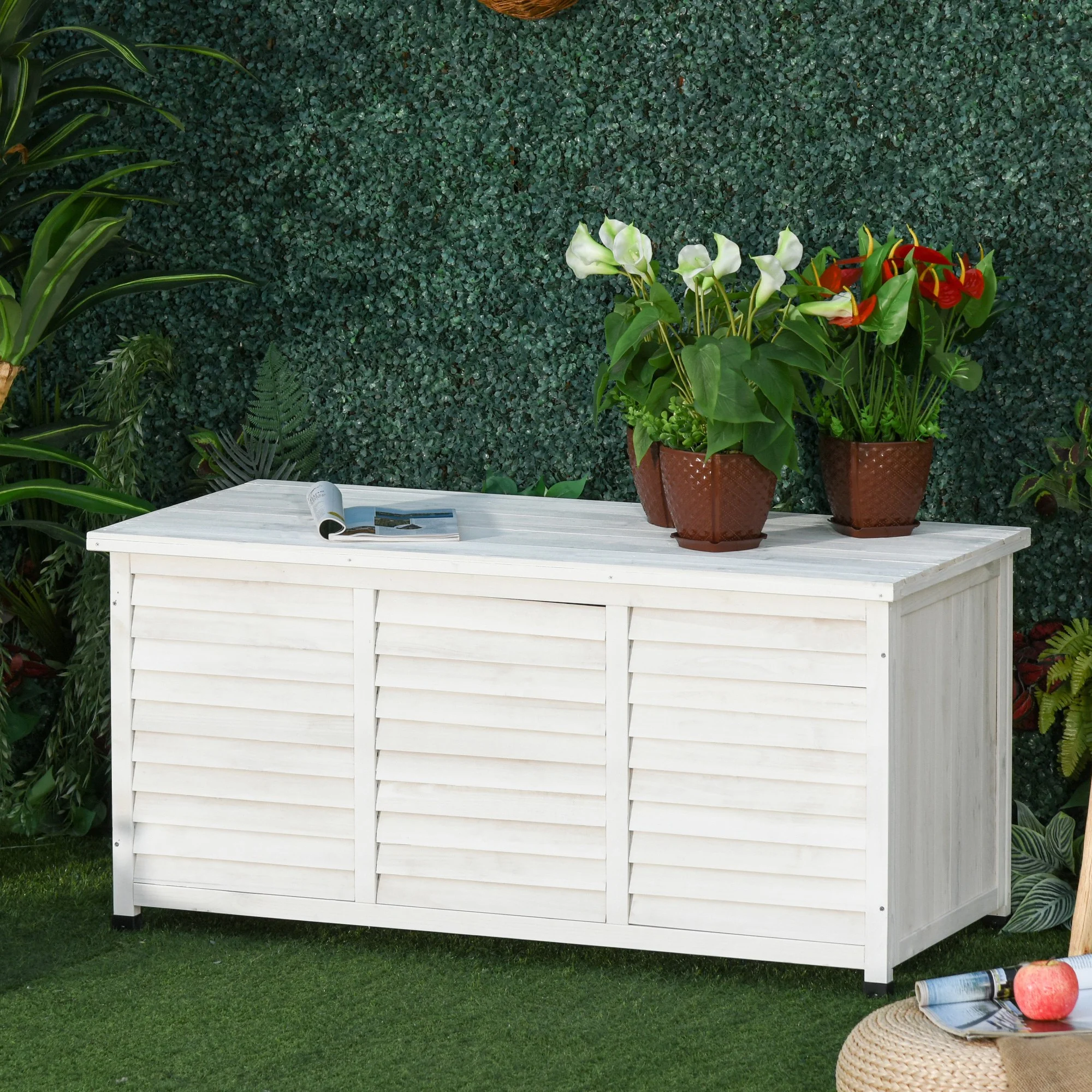 Outsunny Baúl De Madera Exterior Con Tapa Abrible Y Diseño Persiana 127x56x60 Cm - Image 2
