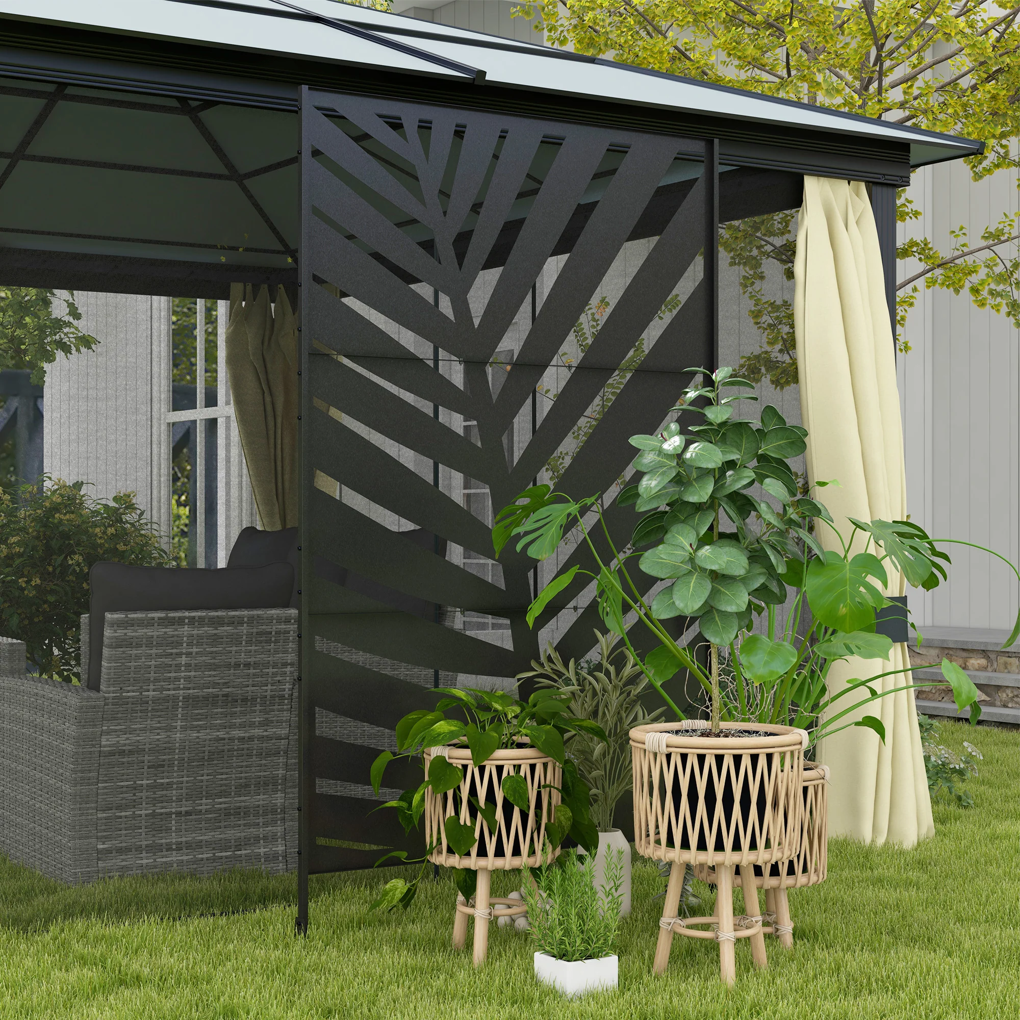 Outsunny Biombo Para Exterior De 3 Piezas Con Diseño De Hoja De Plátano Negro - Image 5