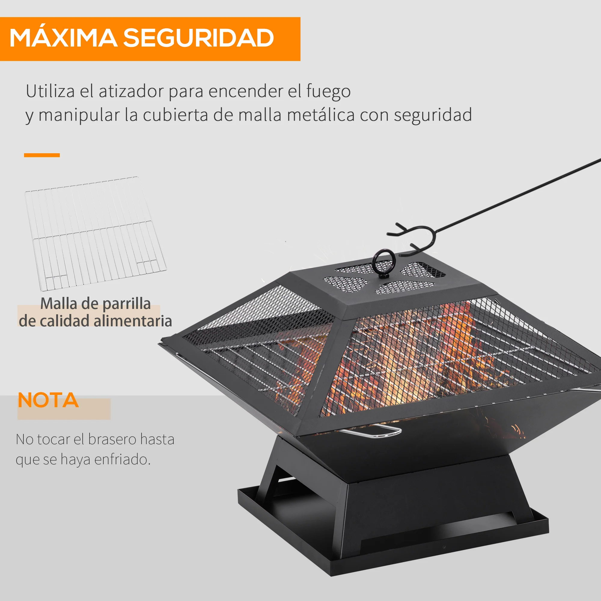 Outsunny Brasero Exterior De Acero Con Protector De Chispas 45x45x34 Cm Negro - Image 6