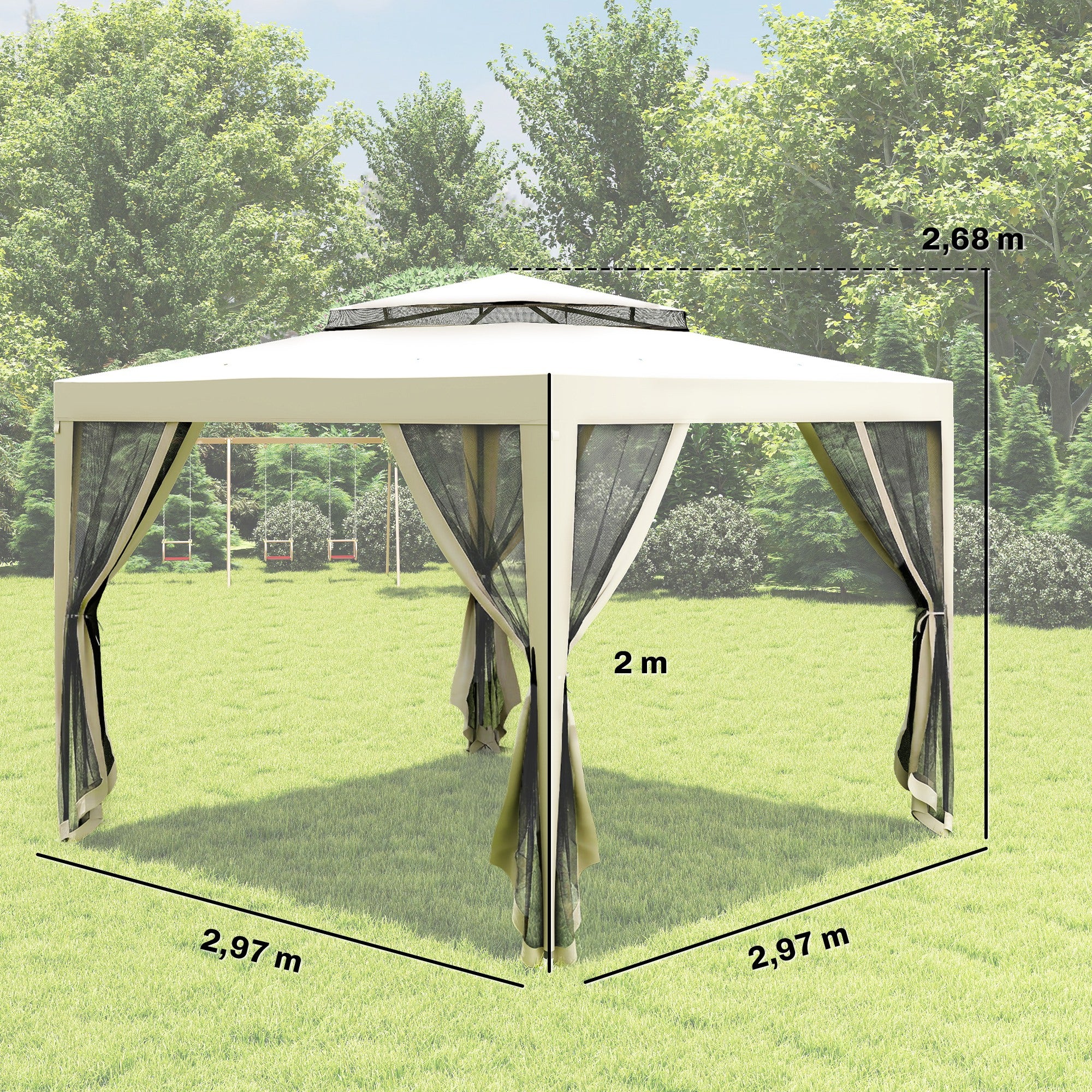 Outsunny Carpa De Jardín 3x3 M Con 4 Mosquiteras Laterales Techo Doble Crema - Image 3