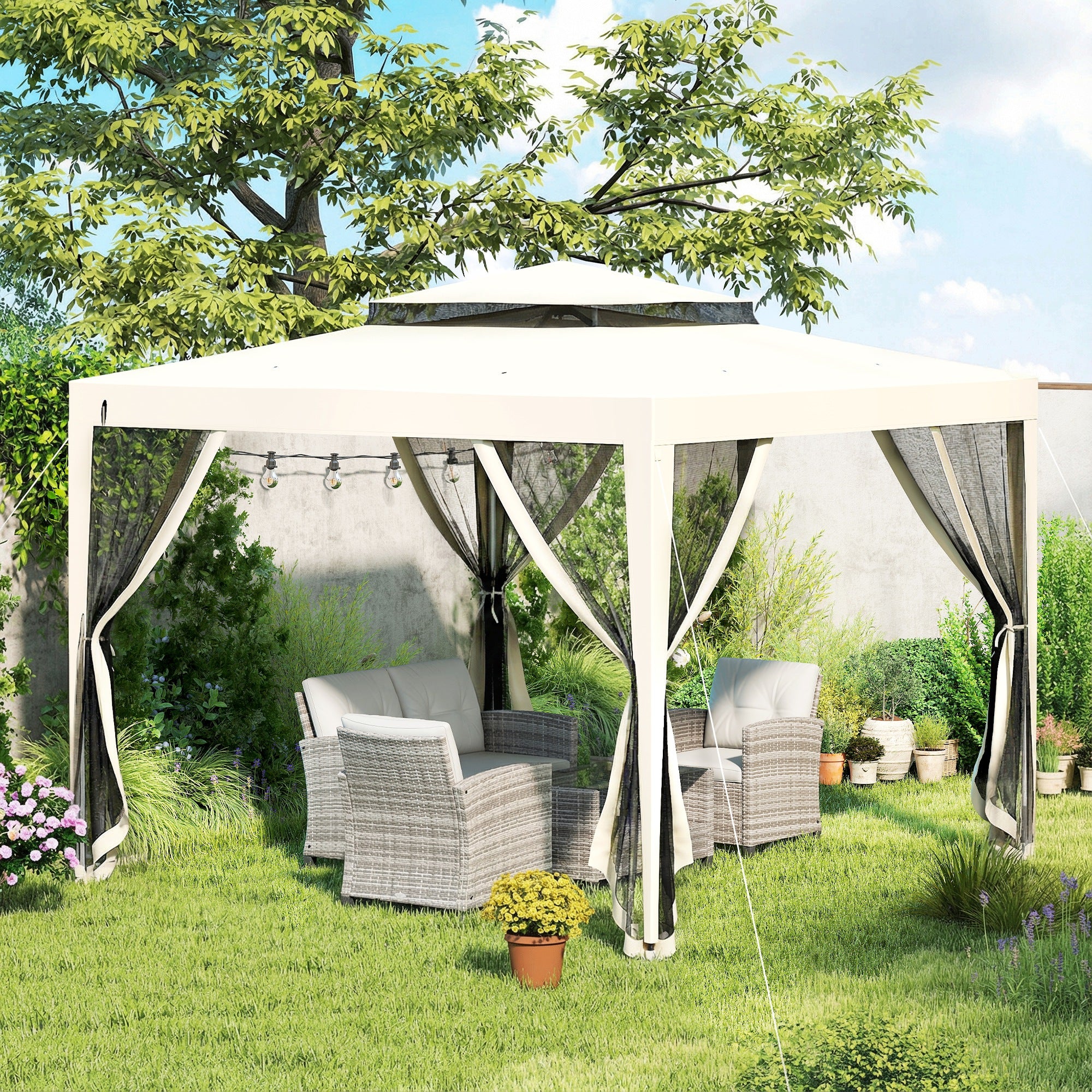 Outsunny Carpa De Jardín 3x3 M Con 4 Mosquiteras Laterales Techo Doble Crema - Image 5