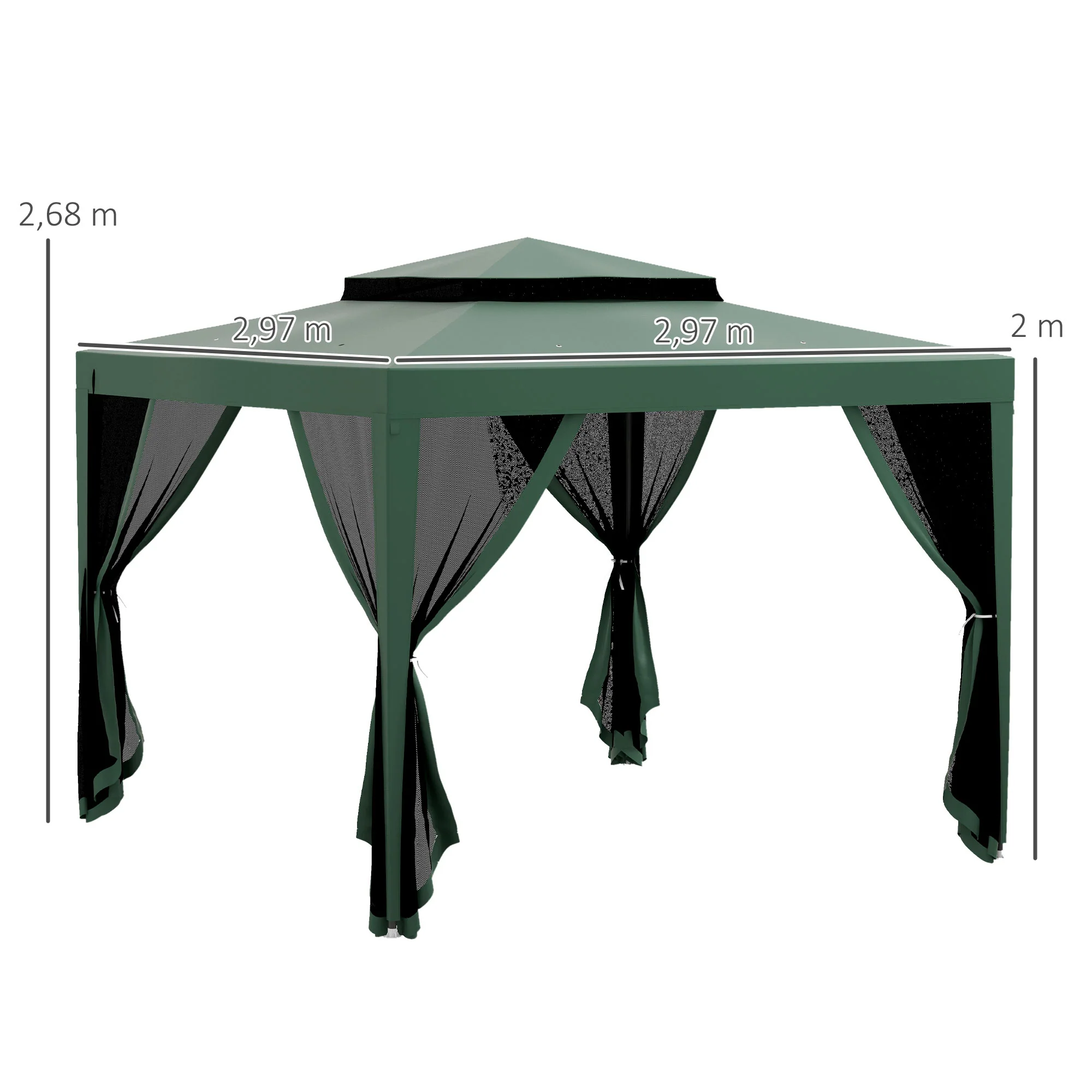 Outsunny Carpa De Jardín 3x3 M Con 4 Mosquiteras Laterales Techo Doble Verde - Image 3