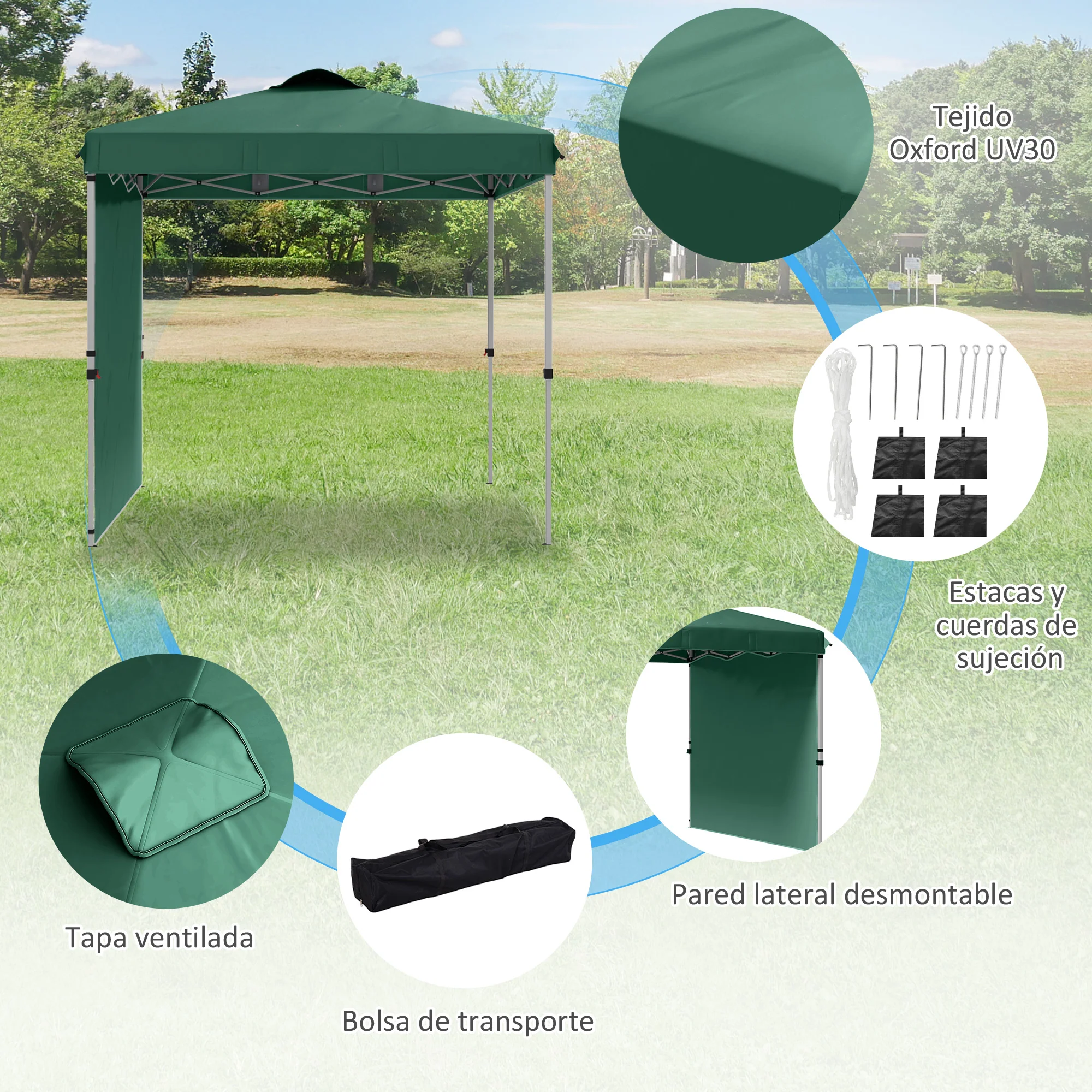 Outsunny Carpa Plegable 2,5x2,5 M Con 1 Pared Lateral Altura Ajustable Verde - Image 6