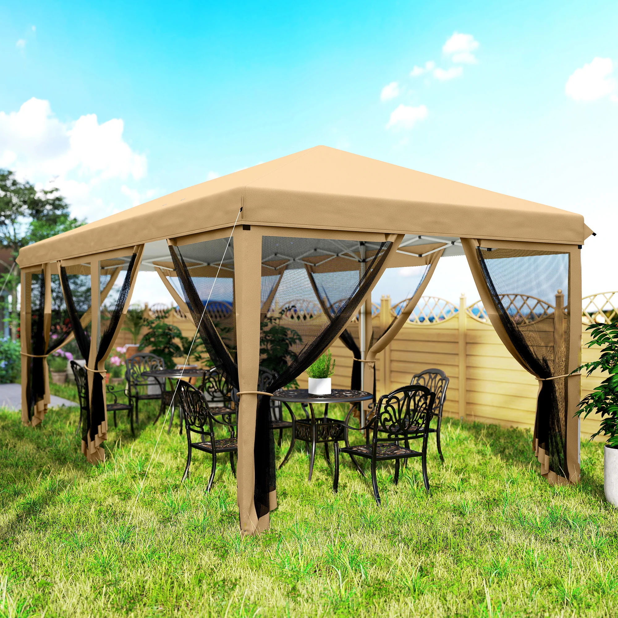 Outsunny Carpa Plegable 6x3 M Cenador De Jardín Con 6 Mosquiteras Beige - Image 5