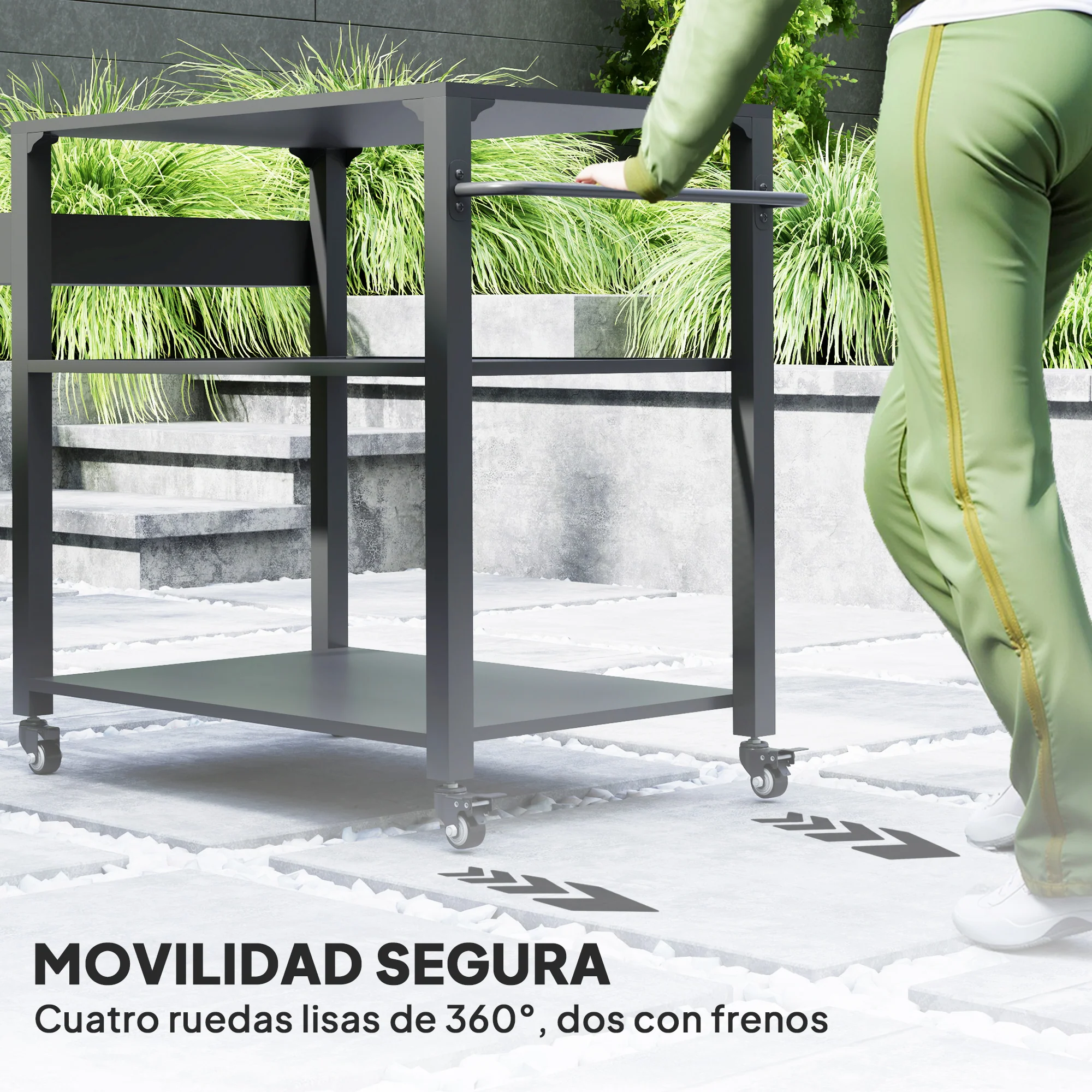 Outsunny Carrito De Parrilla De 3 Niveles Con 4 Ruedas Estantes Y Asa Negro - Image 6