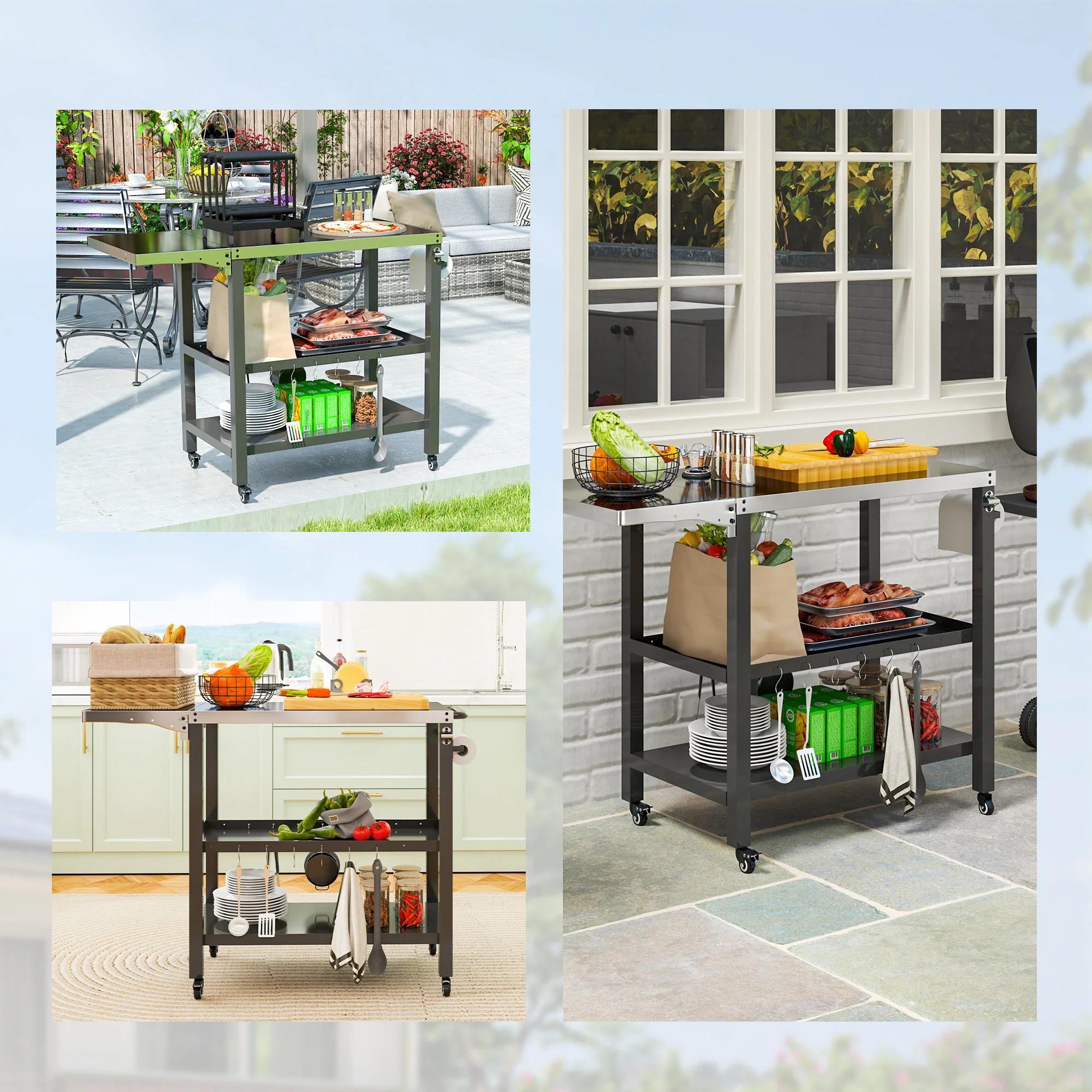 Outsunny Carrito De Parrilla De 3 Niveles Con 4 Ruedas Estantes Y Asa Negro - Image 4