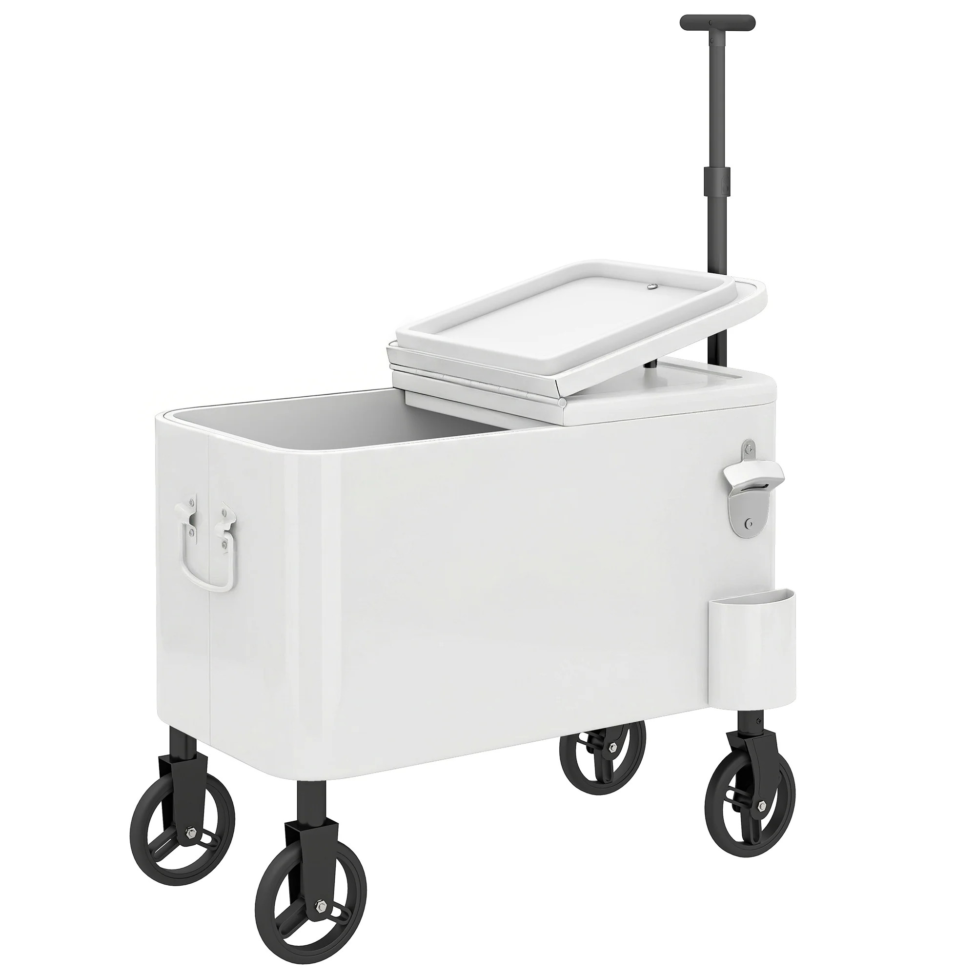 Outsunny Carrito Nevera De 56l Con Ruedas Mango Ajustable Abrebotellas Blanco