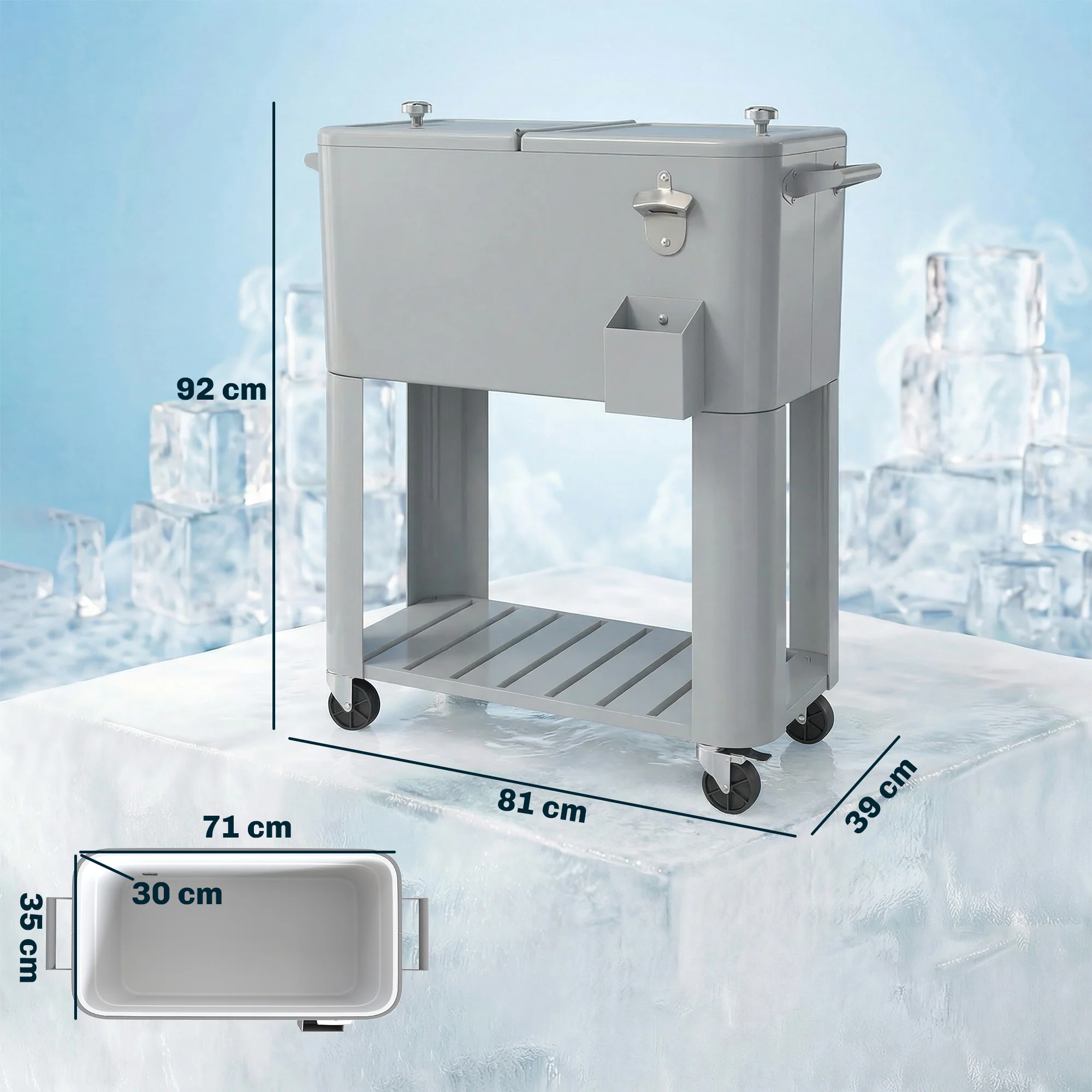 Outsunny Carrito Nevera De 76l Con Ruedas Estante Abrebotellas Asas Plateado - Image 3