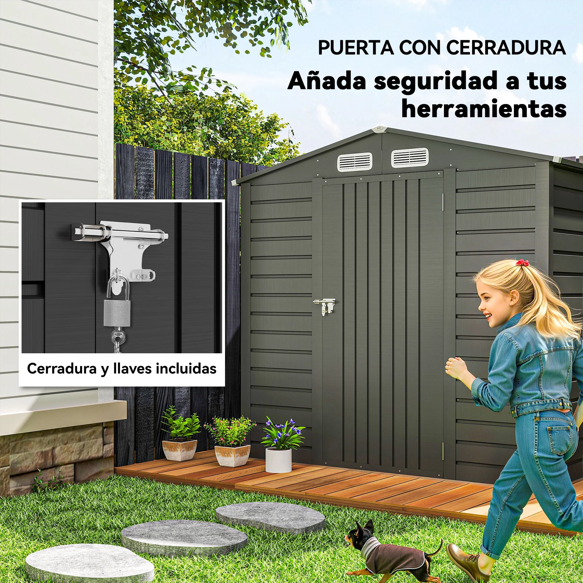 Outsunny Caseta De Jardín 190x131x188 Cm Con 2 Ventilaciones Y Puerta Gris - Image 6