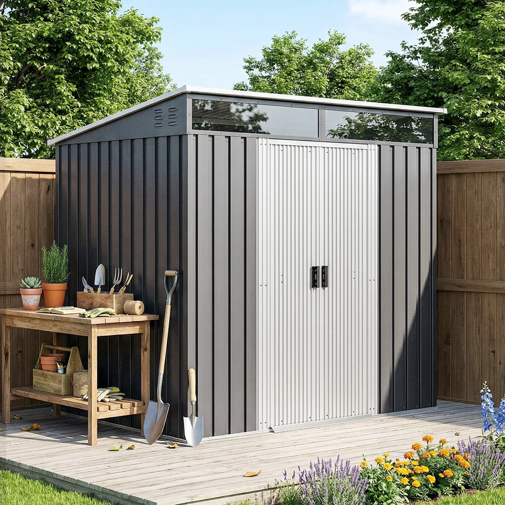 Outsunny Caseta De Jardín 2 M² 195x122x181,5 Cm Con Puerta Corredera Gris - Image 2