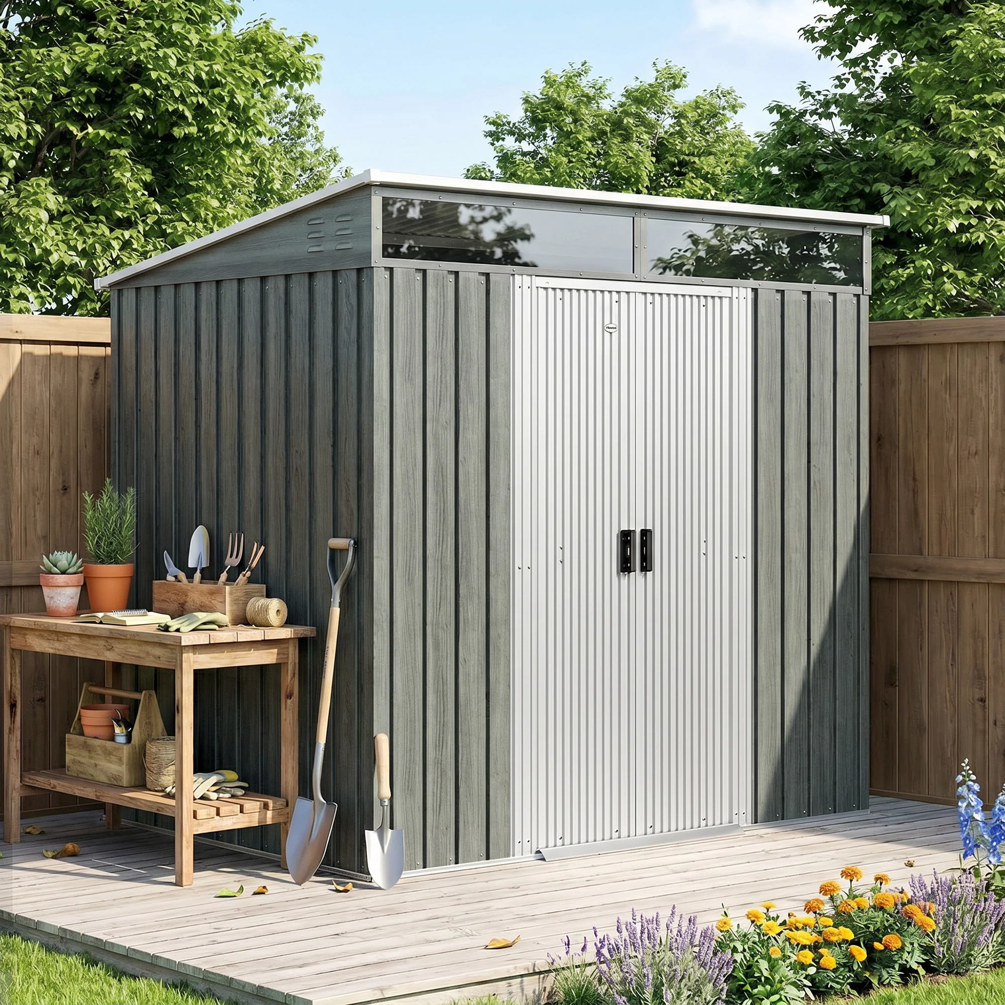 Outsunny Caseta De Jardín 2 M² 195x122x181,5 Cm Con Puerta Corredera Gris Claro - Image 2