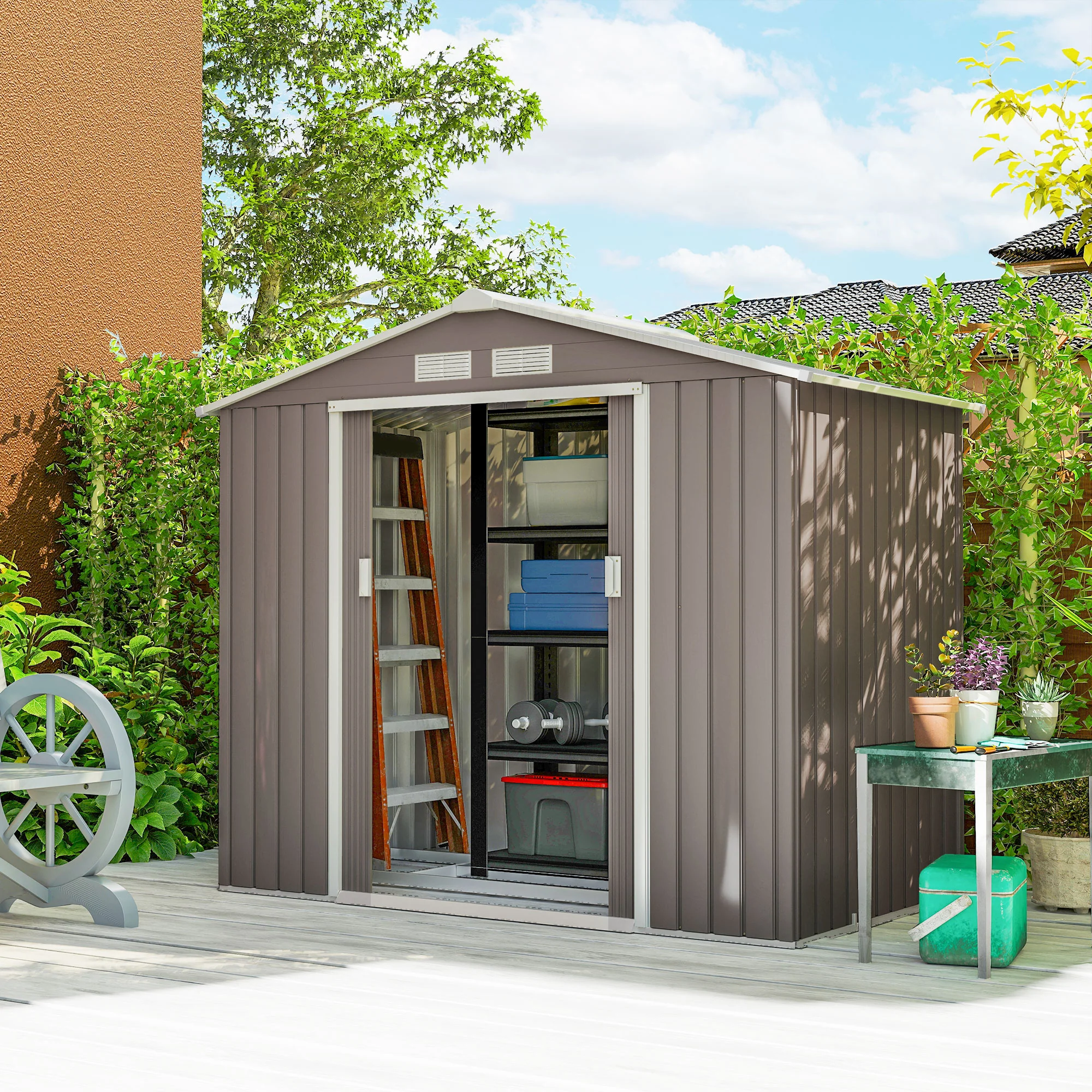 Outsunny Caseta De Jardín 213x130x185 Cm Con 2 Puertas Correderas Y 4 Ventanas - Image 4