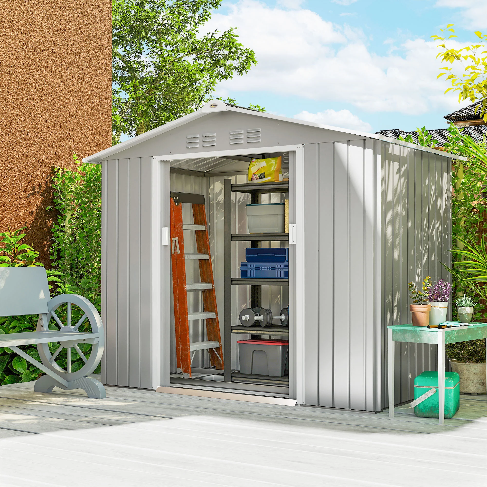 Outsunny Caseta De Jardín 213x130x185 Cm Con 2 Puertas Correderas Y 4 Ventanas - Image 2