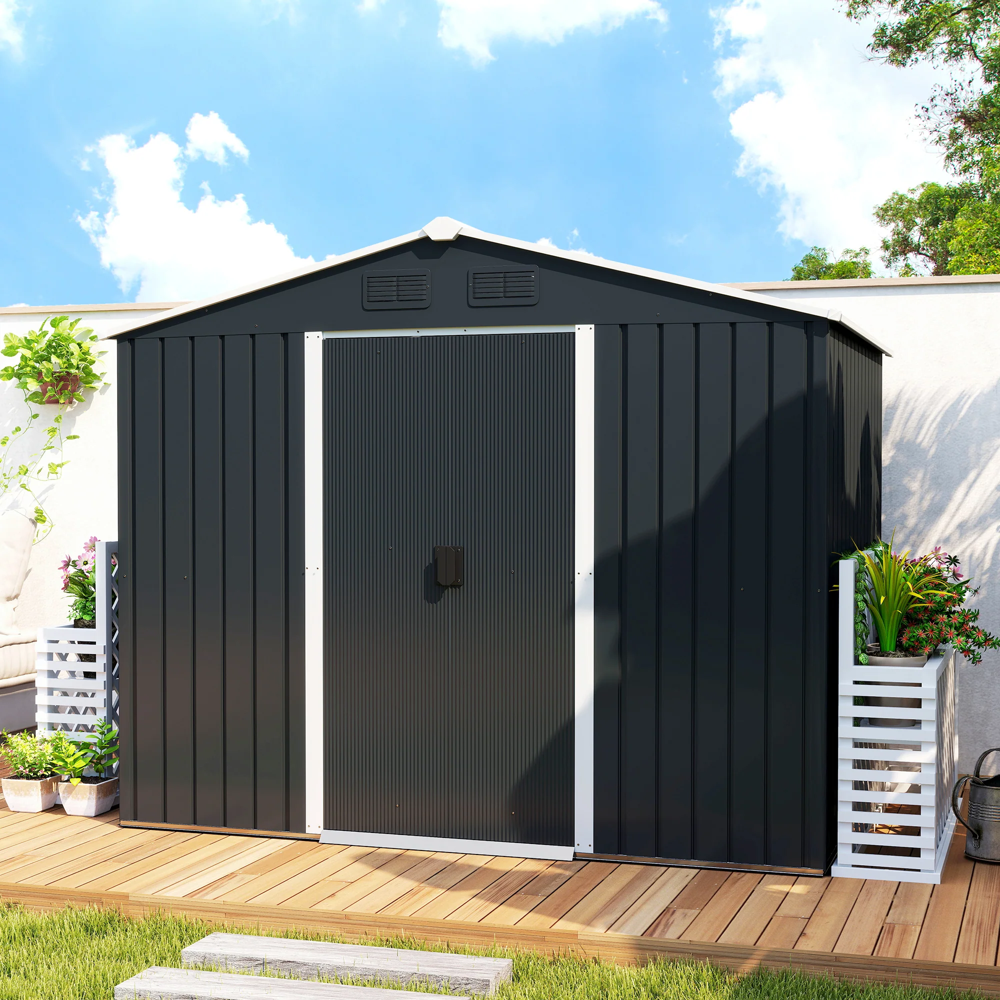 Outsunny Caseta De Jardín 3,6m² 236x174x190 Cm Con Puertas Correderas 4 Ventanas - Image 4