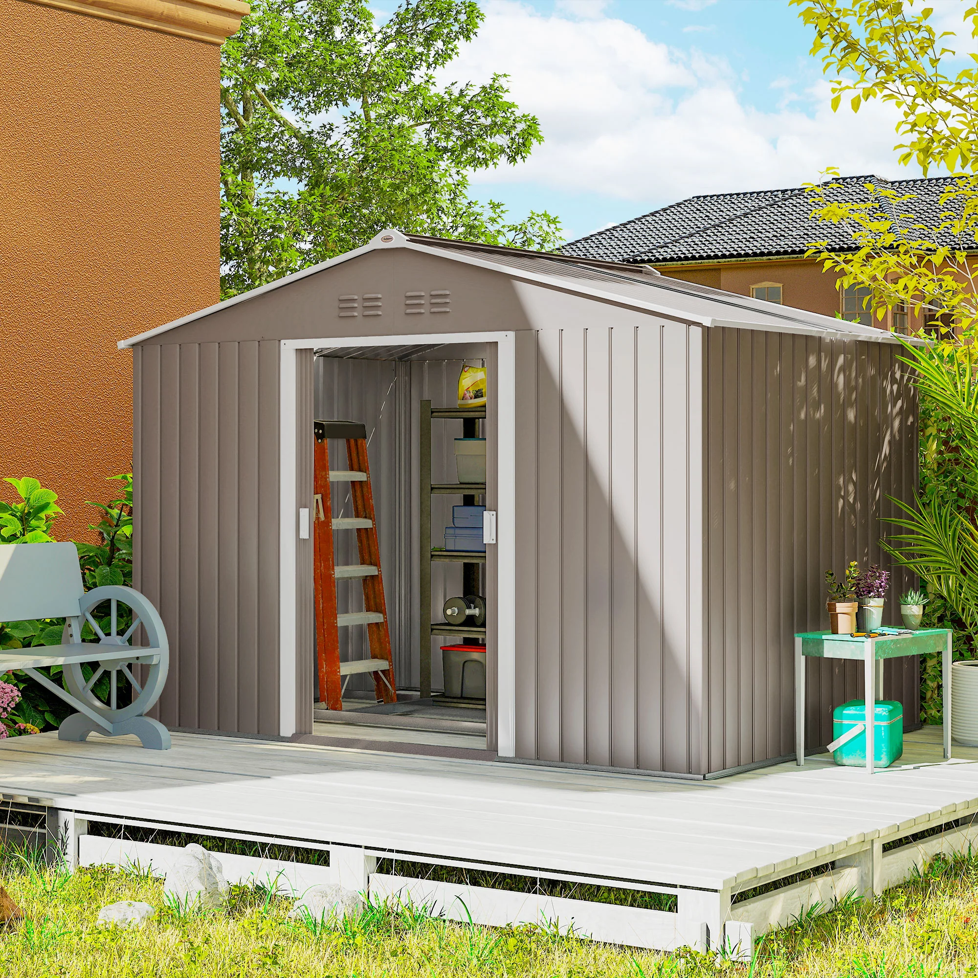 Outsunny Caseta De Jardín 4,9 M² 277x195x192 Cm Con Puerta Corredera Gris Claro - Image 2