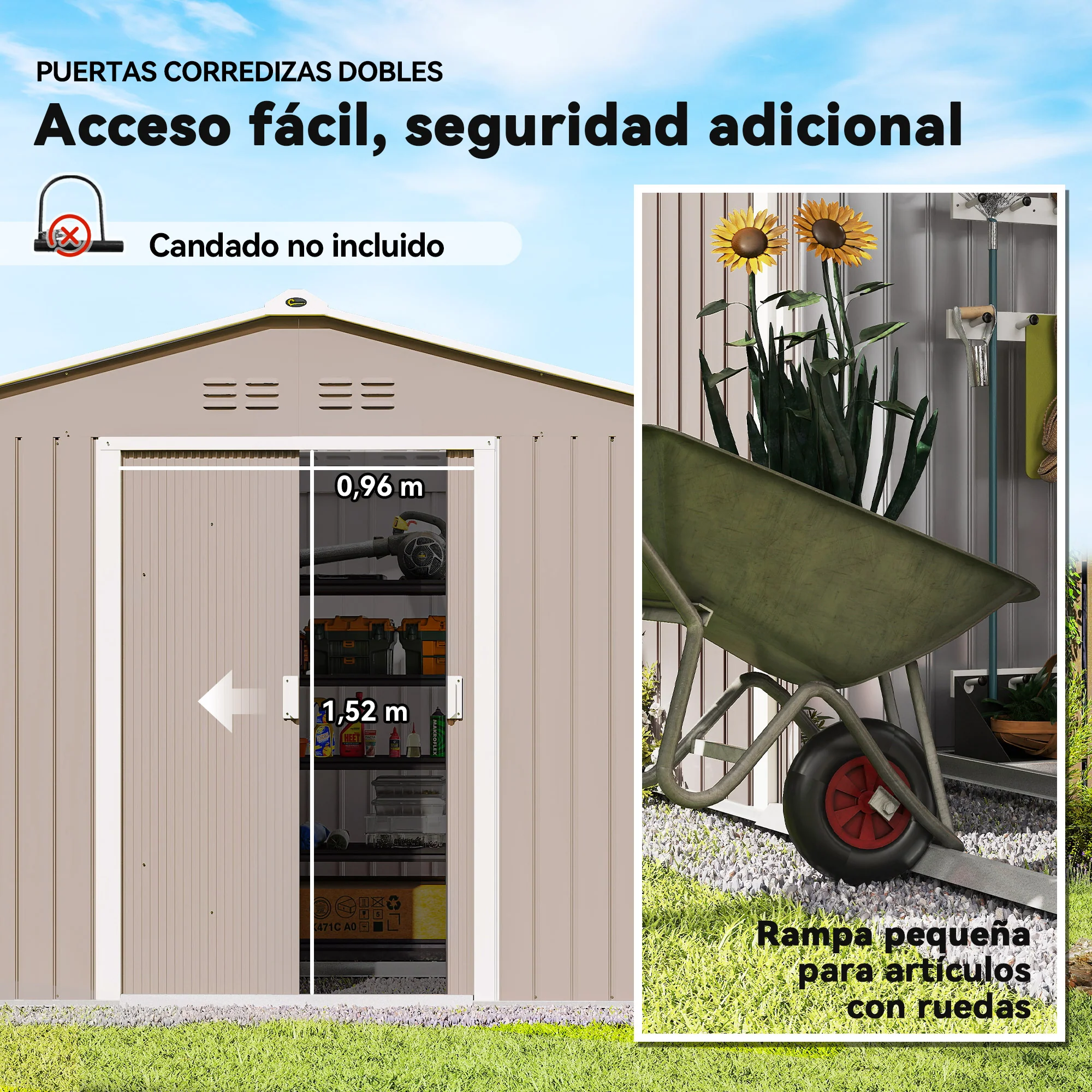 Outsunny Caseta De Jardín 4,9 M² 277x195x192 Cm Con Puerta Corredera Gris Claro - Image 6