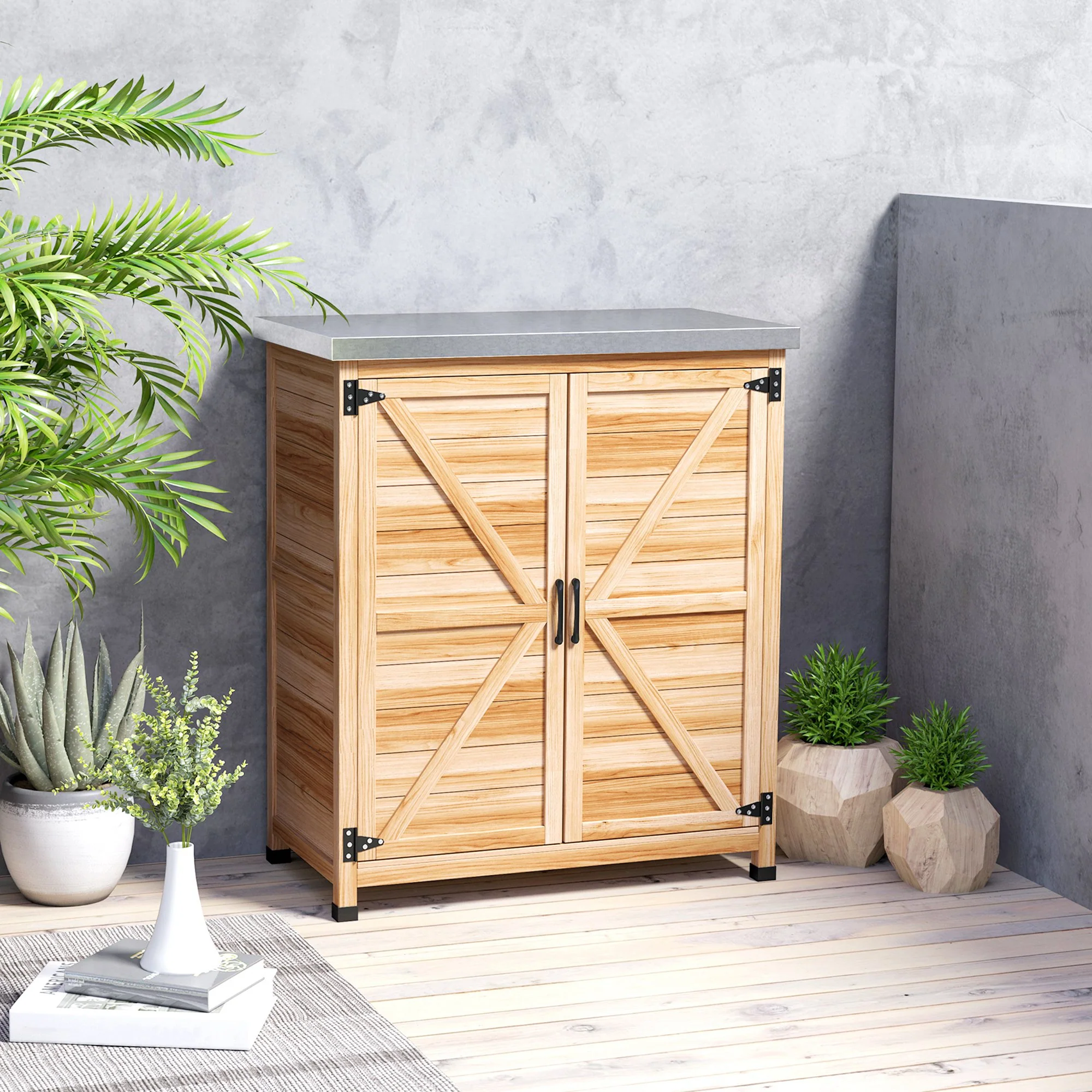 Outsunny Caseta De Jardín De Madera Con Techo De Acero Y 2 Puertas Natural - Image 4