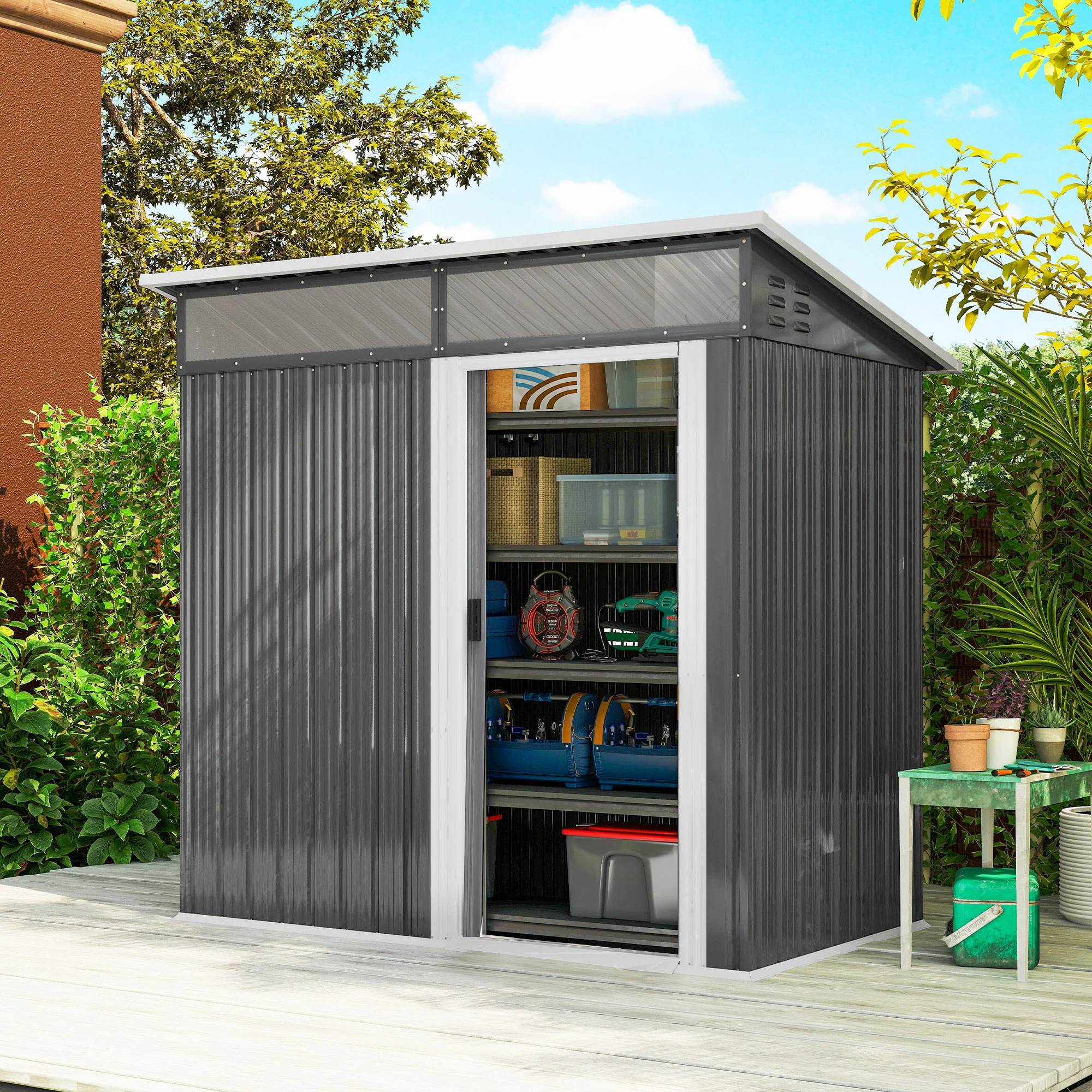 Outsunny Caseta De Jardín Exterior 1,9m² 195x122x182 Cm Con Base Refuerzo Gris - Image 2