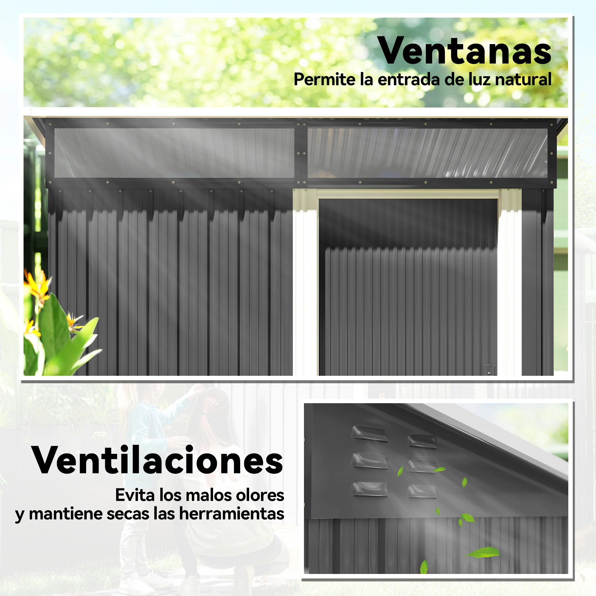 Outsunny Caseta De Jardín Exterior 1,9m² 195x122x182 Cm Con Base Refuerzo Gris - Image 6