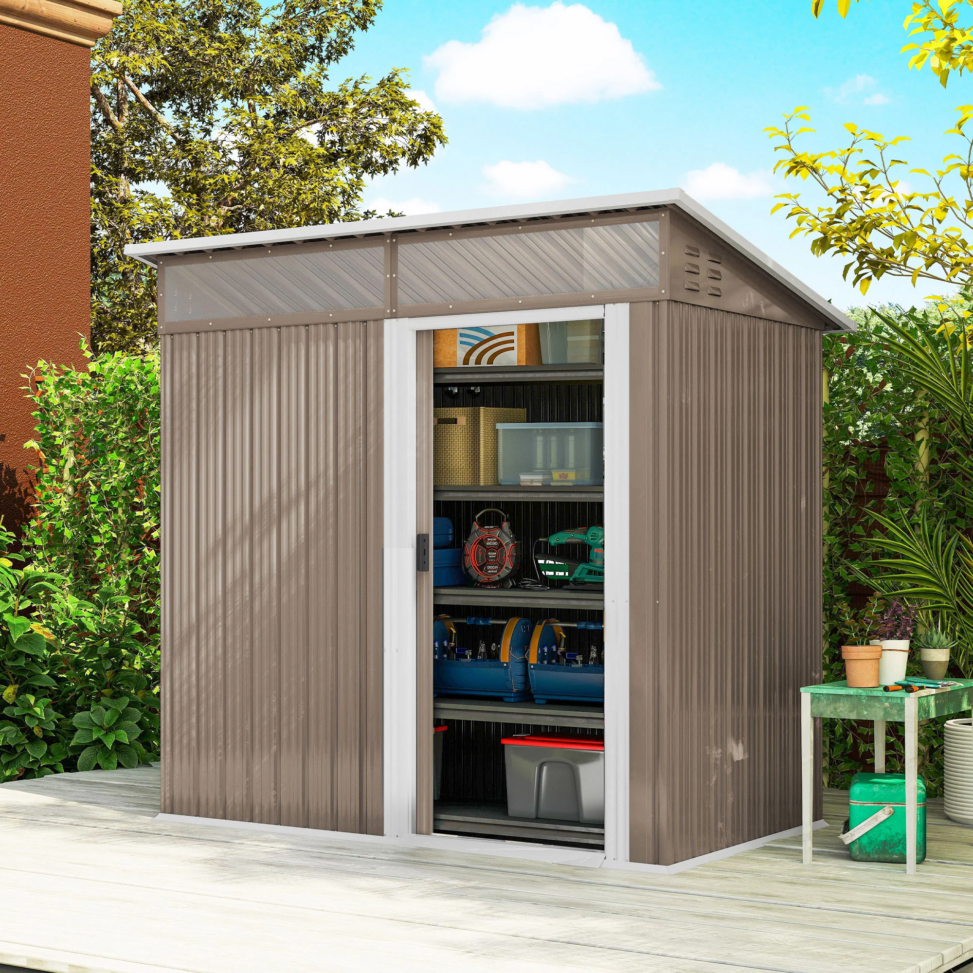 Outsunny Caseta De Jardín Exterior 1,9m² 195x122x182 Cm Con Base Refuerzo Marrón - Image 2