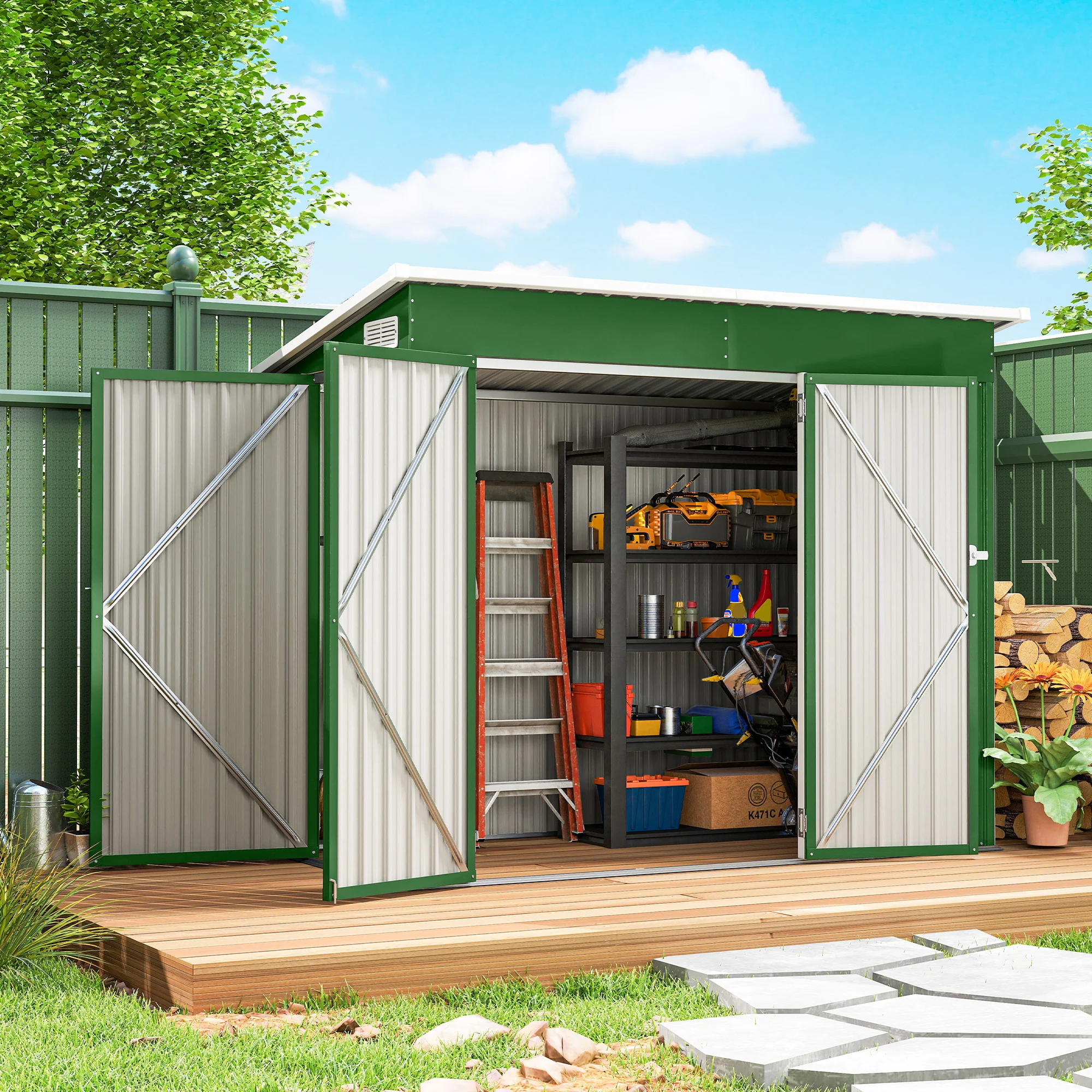 Outsunny Caseta De Jardín Exterior 2,7 M² 234x132x185 Cm Triple Puerta Verde - Image 2