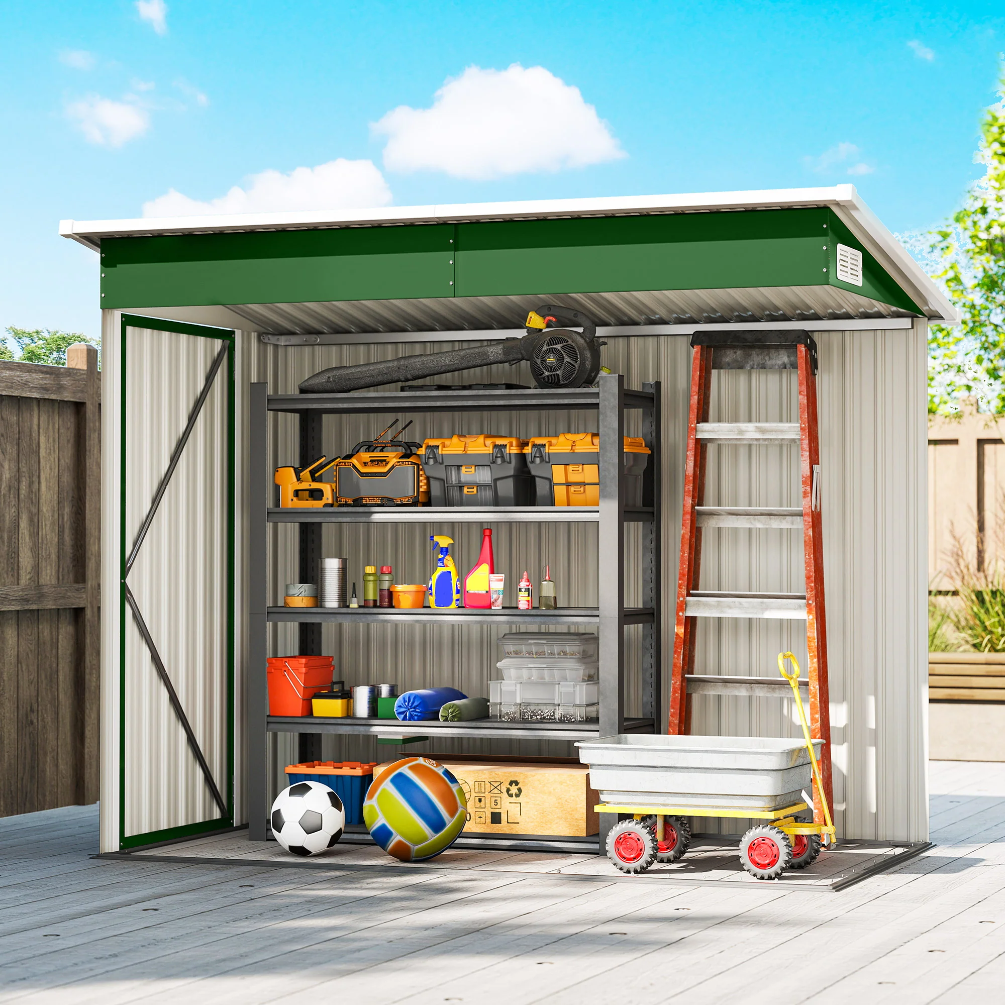 Outsunny Caseta De Jardín Exterior 2,7 M² 234x132x185 Cm Triple Puerta Verde - Image 4