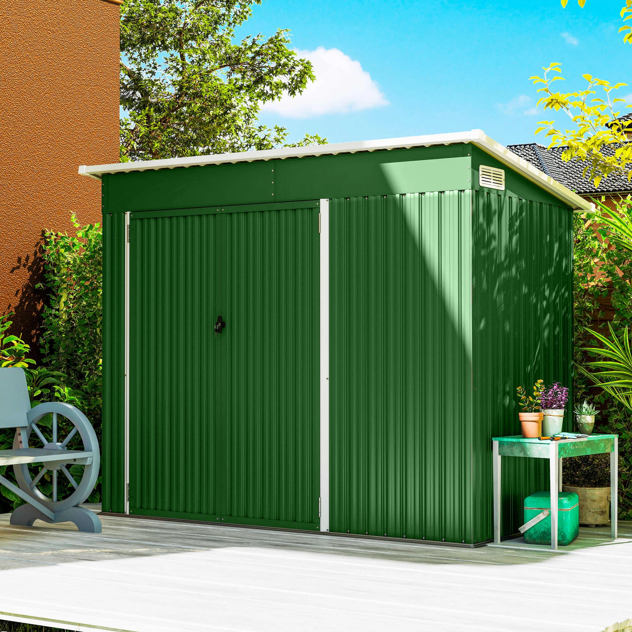 Outsunny Caseta De Jardín Exterior 2,7 M² 234x132x185 Cm Triple Puerta Verde - Image 5