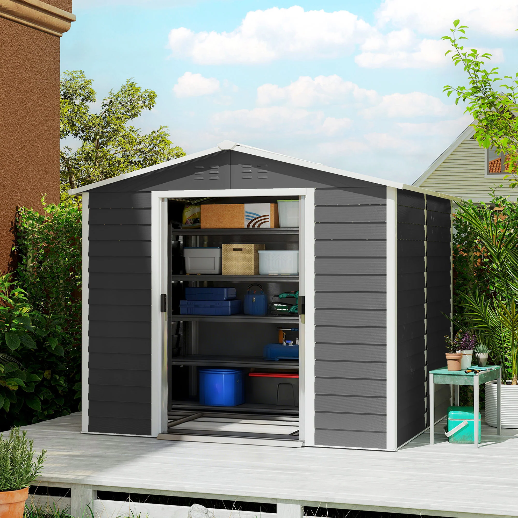 Outsunny Caseta De Jardín Exterior 4,4 M² 240x206x198 Cm Puerta Corredera Gris - Image 2