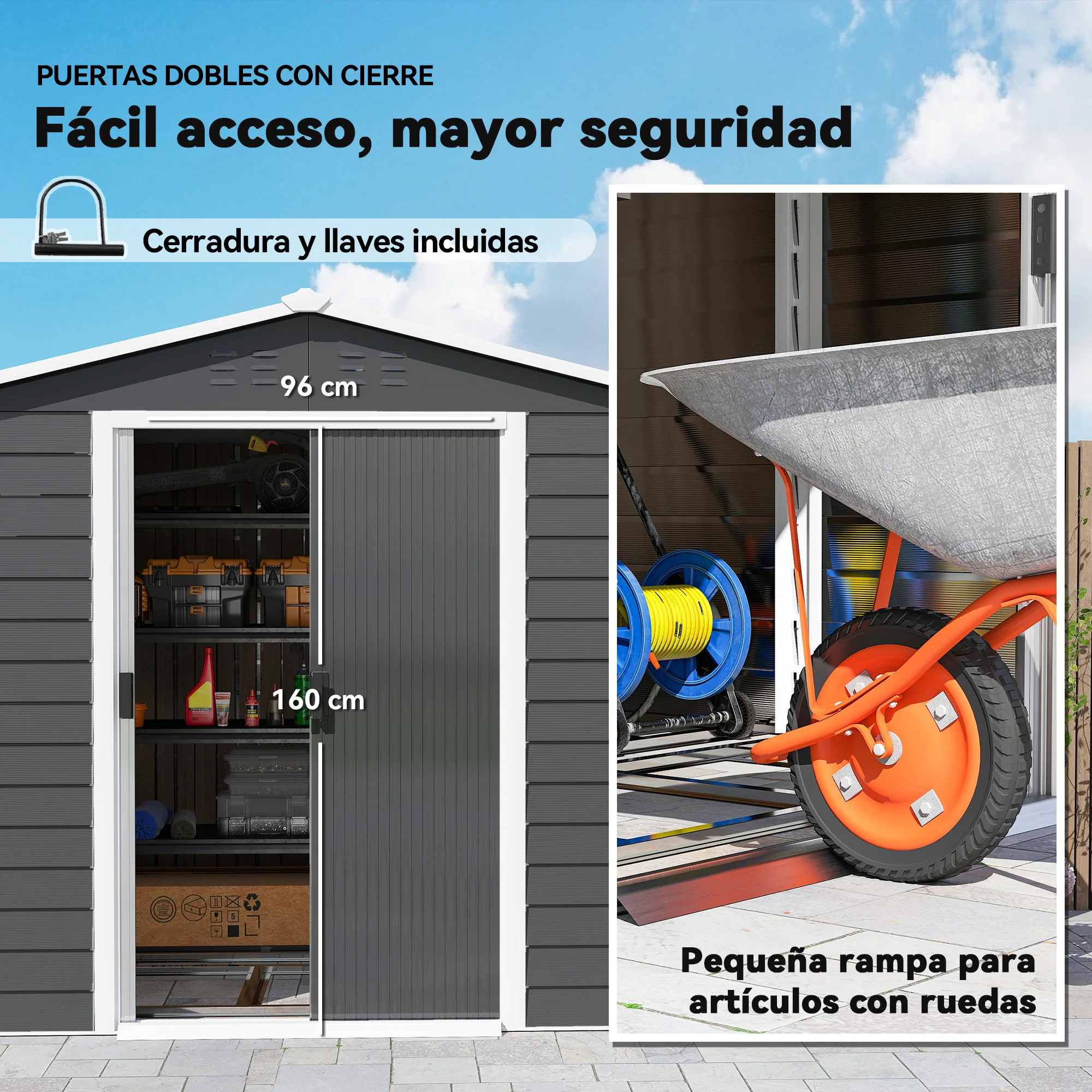 Outsunny Caseta De Jardín Exterior 4,4 M² 240x206x198 Cm Puerta Corredera Gris - Image 6