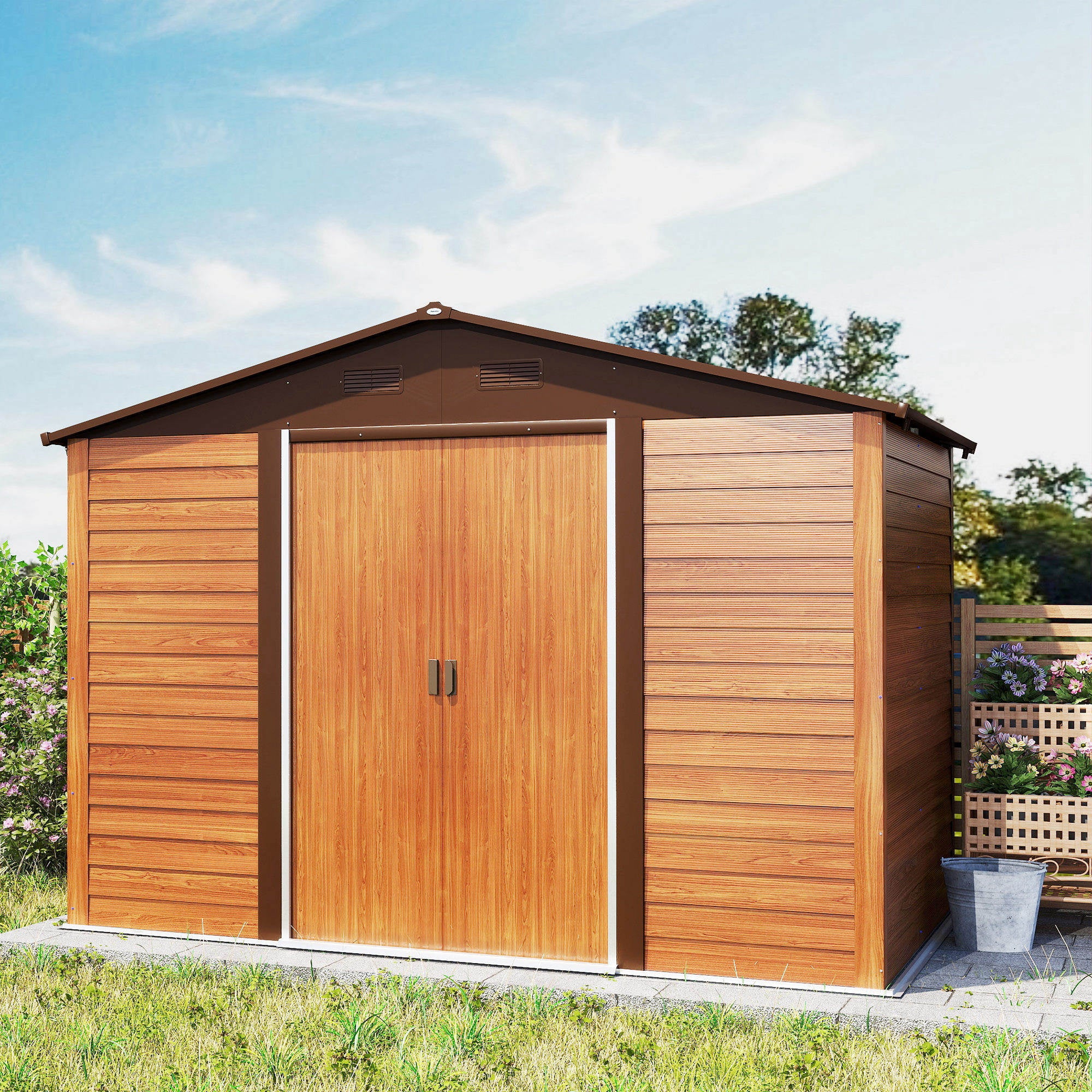 Outsunny Caseta De Jardín Exterior Con 2 Puertas 4,84m² 278x195x215cm Natural - Image 2