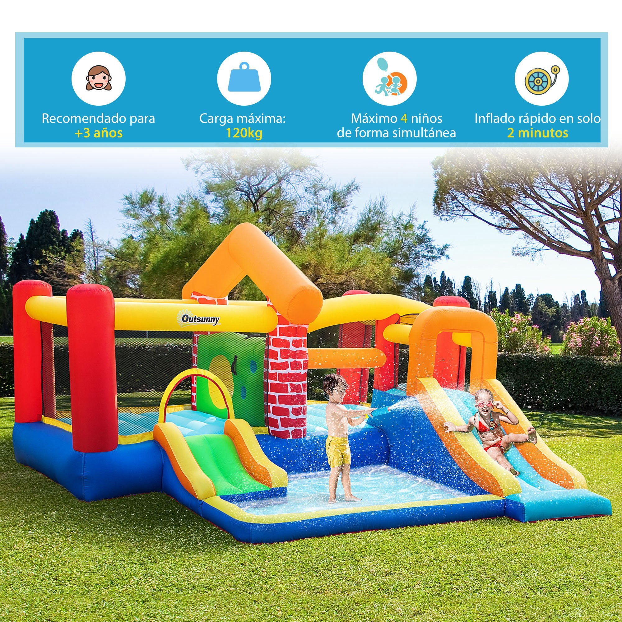 Outsunny Castillo Hinchable Con 2 Toboganes 2 Camas Salto Piscina 380x370x230 Cm - Image 6