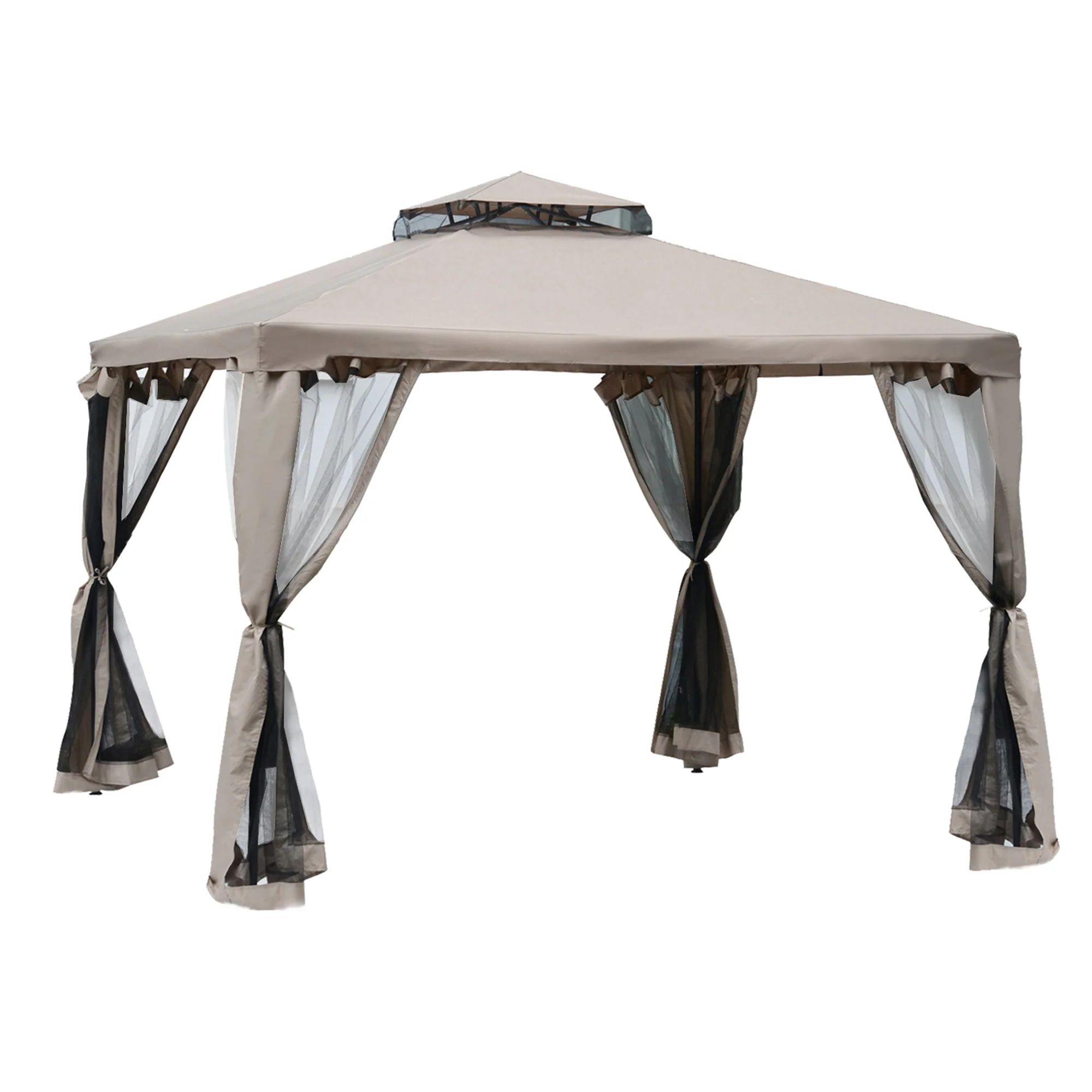 Outsunny Cenador De Jardín 3x3m Con Doble Techo 4 Cortinas Mosquiteras Marrón