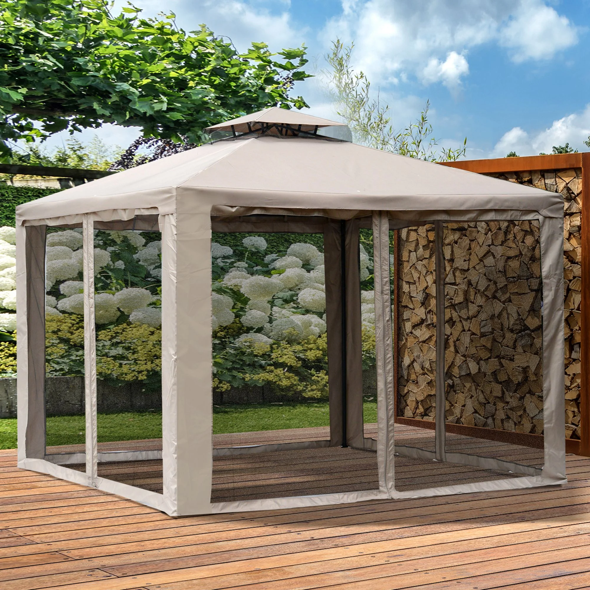 Outsunny Cenador De Jardín 3x3m Con Doble Techo 4 Cortinas Mosquiteras Marrón - Image 2