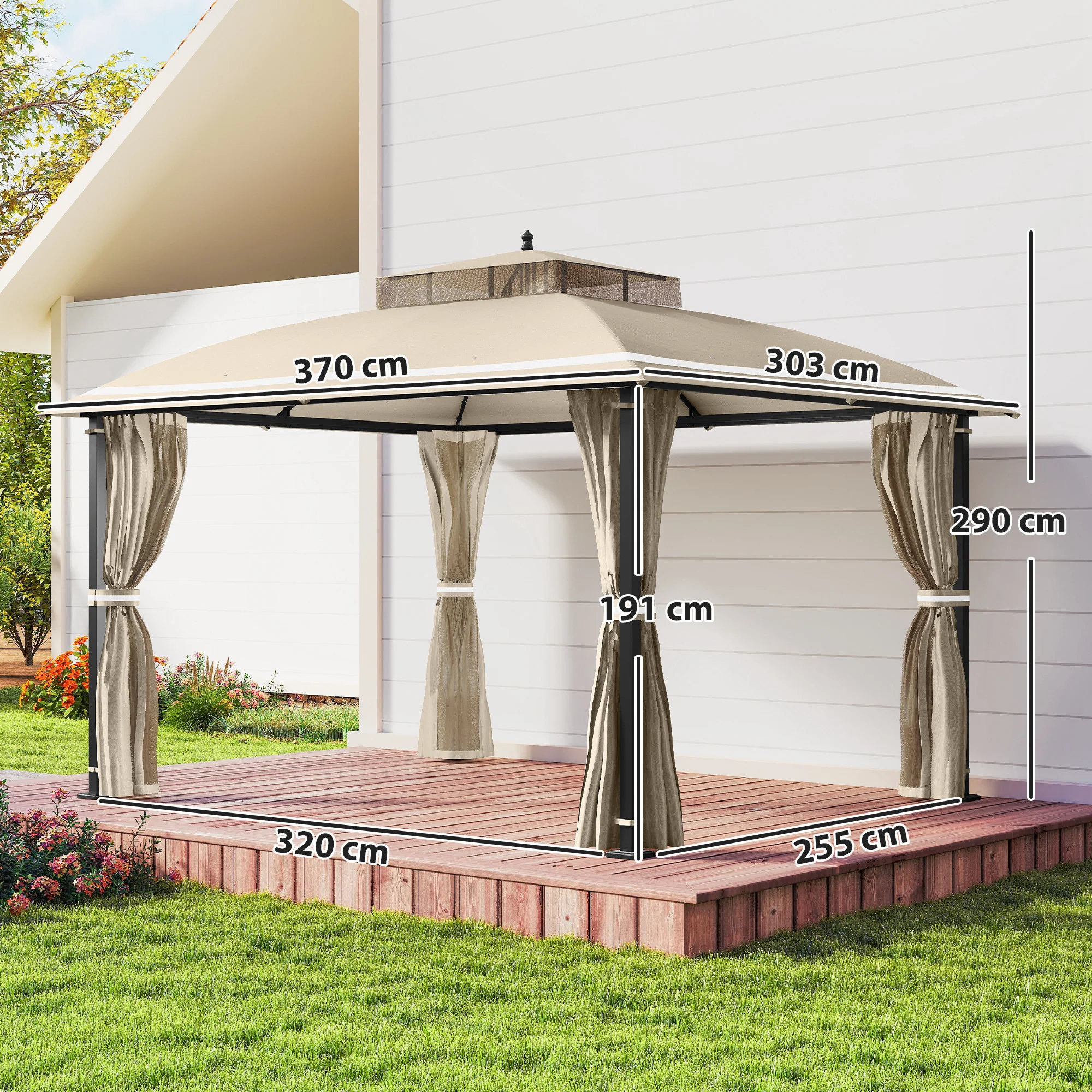Outsunny Cenador Para Jardín 3x3,7 M Con Paredes Laterales Mosquiteras Beige - Image 3