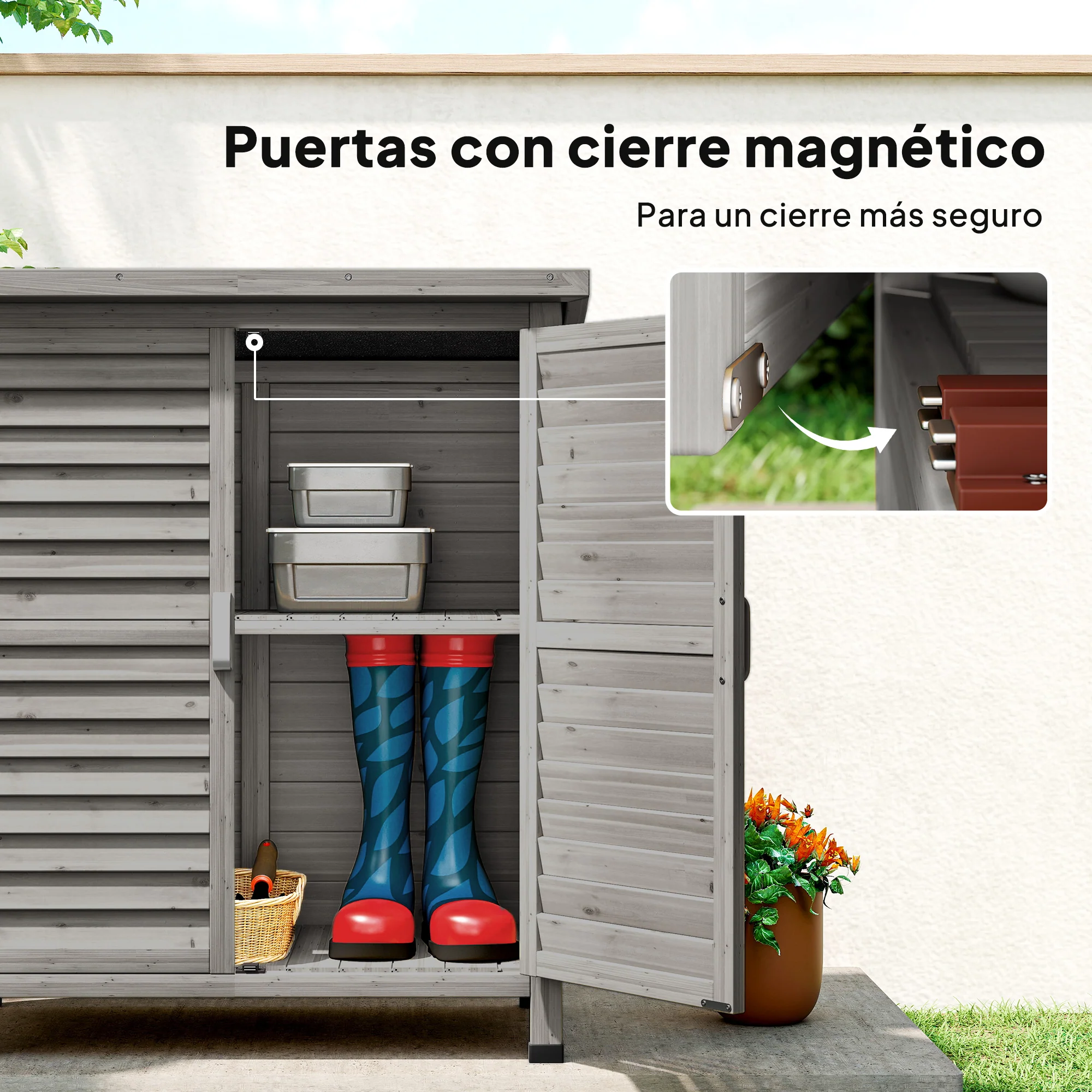 Outsunny Cobertizo Almacenamiento Madera Jardín 2 Estantes Interiores Gris - Image 6