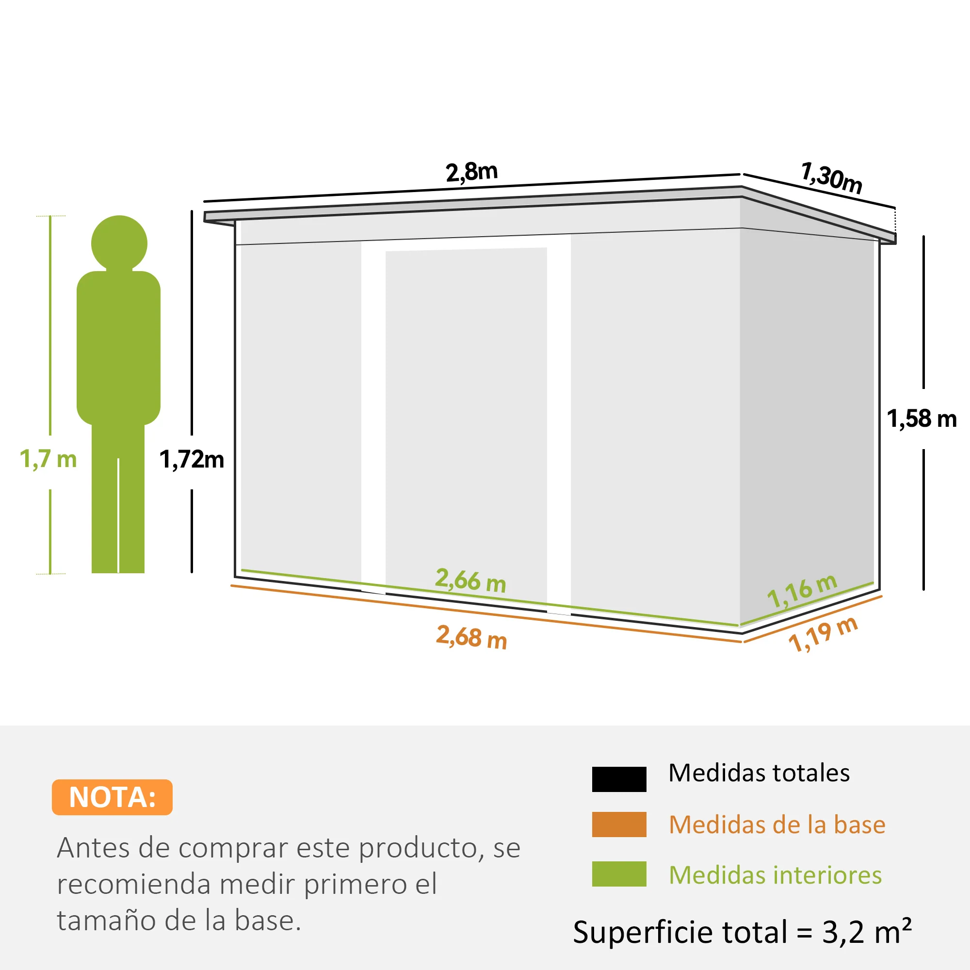 Outsunny Cobertizo De Jardín 280x130x172 Cm Base De 3,2 M² Con 2 Puertas Gris - Image 3