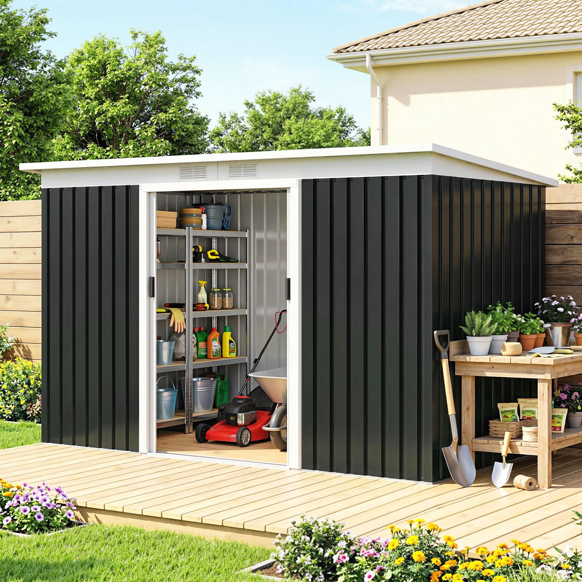 Outsunny Cobertizo De Jardín 280x130x172 Cm Base De 3,2 M² Con 2 Puertas Gris - Image 4