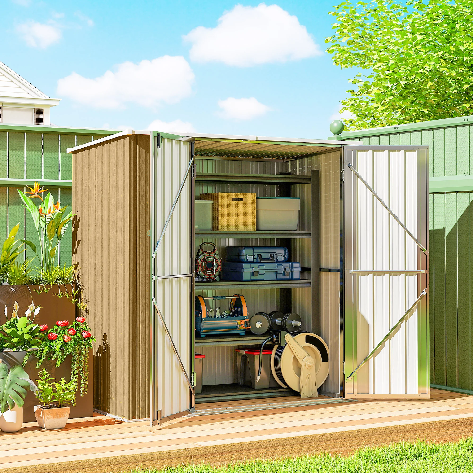 Outsunny Cobertizo De Jardín Exterior 163x89x163 Cm Puertas Con Pestillo Marrón - Image 2