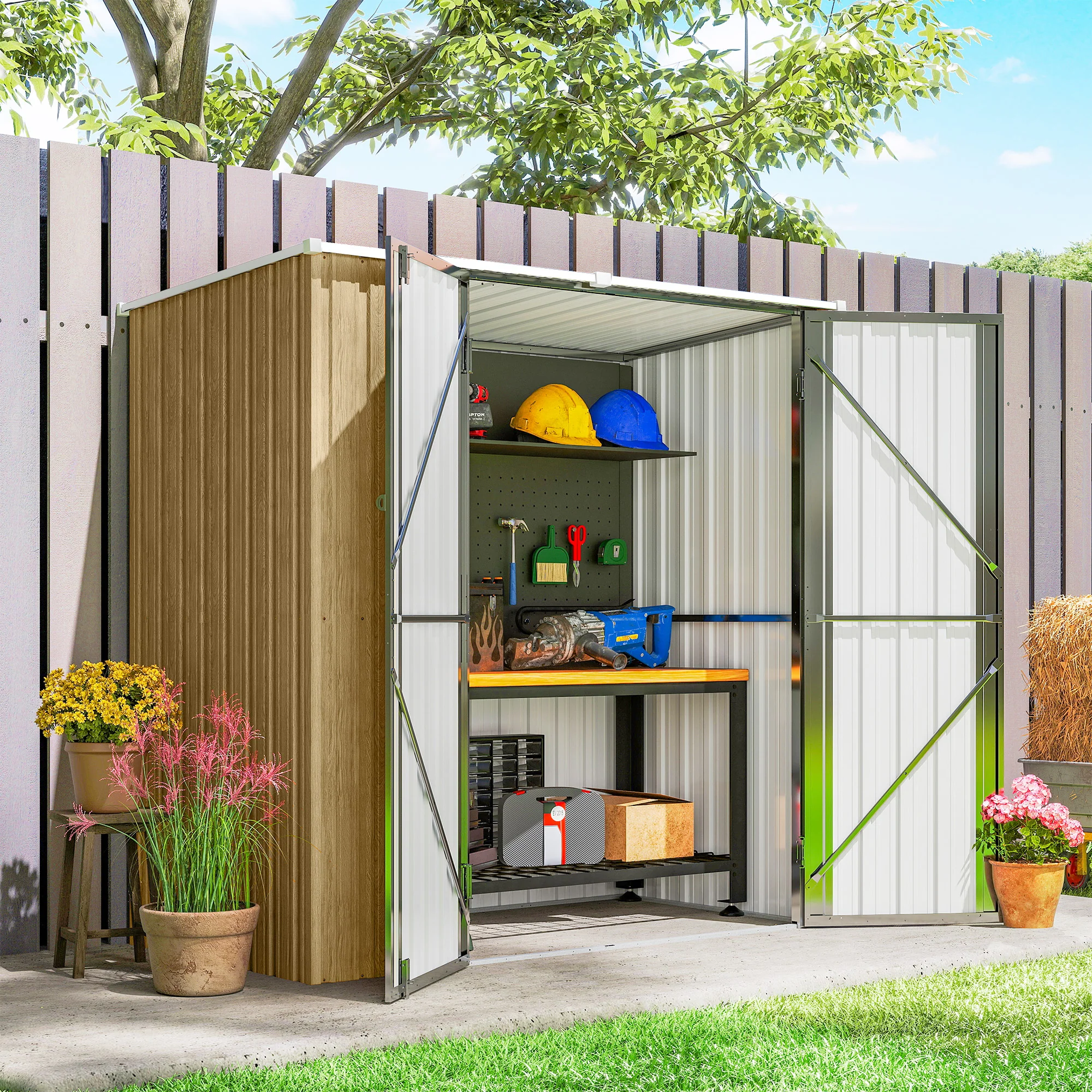 Outsunny Cobertizo De Jardín Exterior 163x89x163 Cm Puertas Con Pestillo Marrón - Image 4