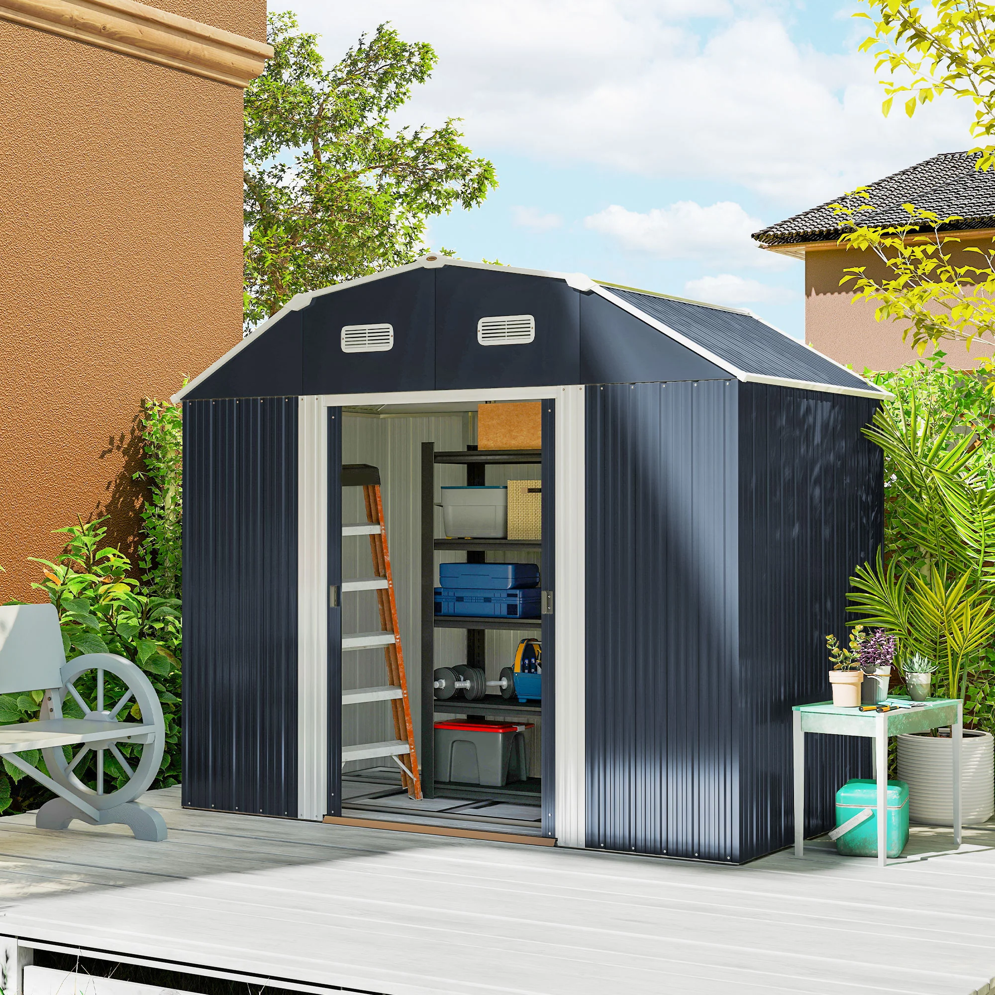 Outsunny Cobertizo De Jardín Exterior 2,7 M² 238x132x198,5 Cm Con Base Gris - Image 2