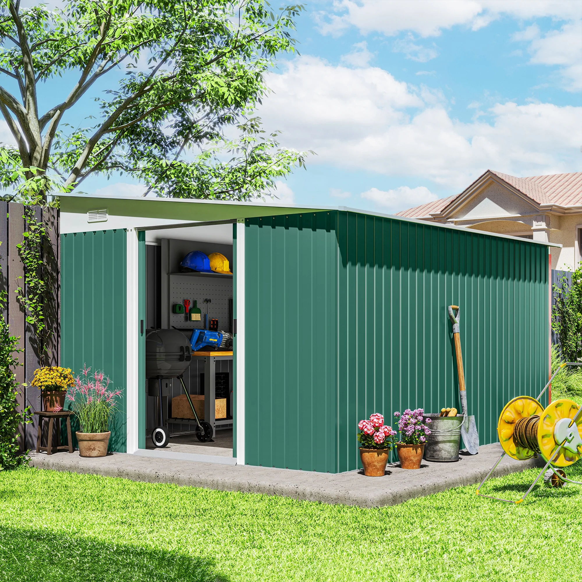 Outsunny Cobertizo De Jardín Exterior 8,9 M² 280x345x201 Cm Con 2 Puertas Verde - Image 2