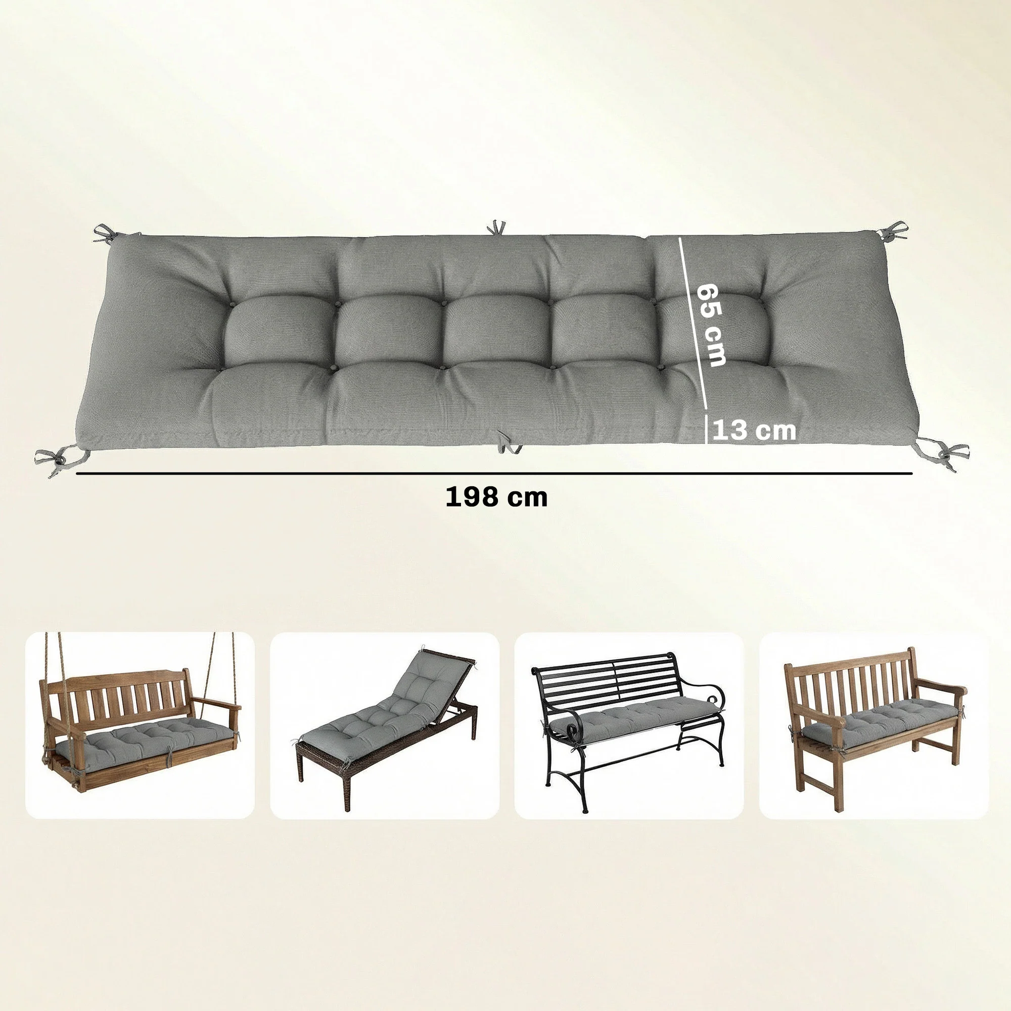 Outsunny Cojín Para Banco Y Tumbona Protección Uv50+ 198x65x13 Cm Gris Claro - Image 3